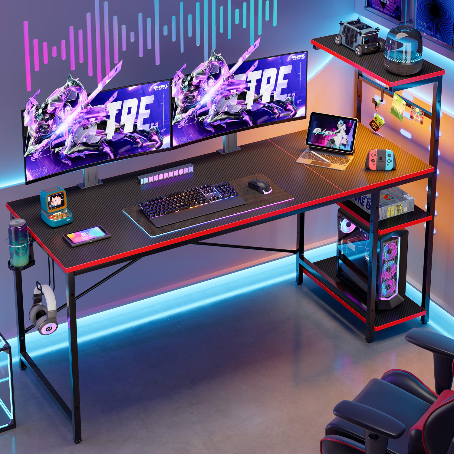 Bestier Gaming Computer Desk With RGB LED Lights And 4-Tier Storage Shelves, 61inW, Black Carbon Fiber - Image 4