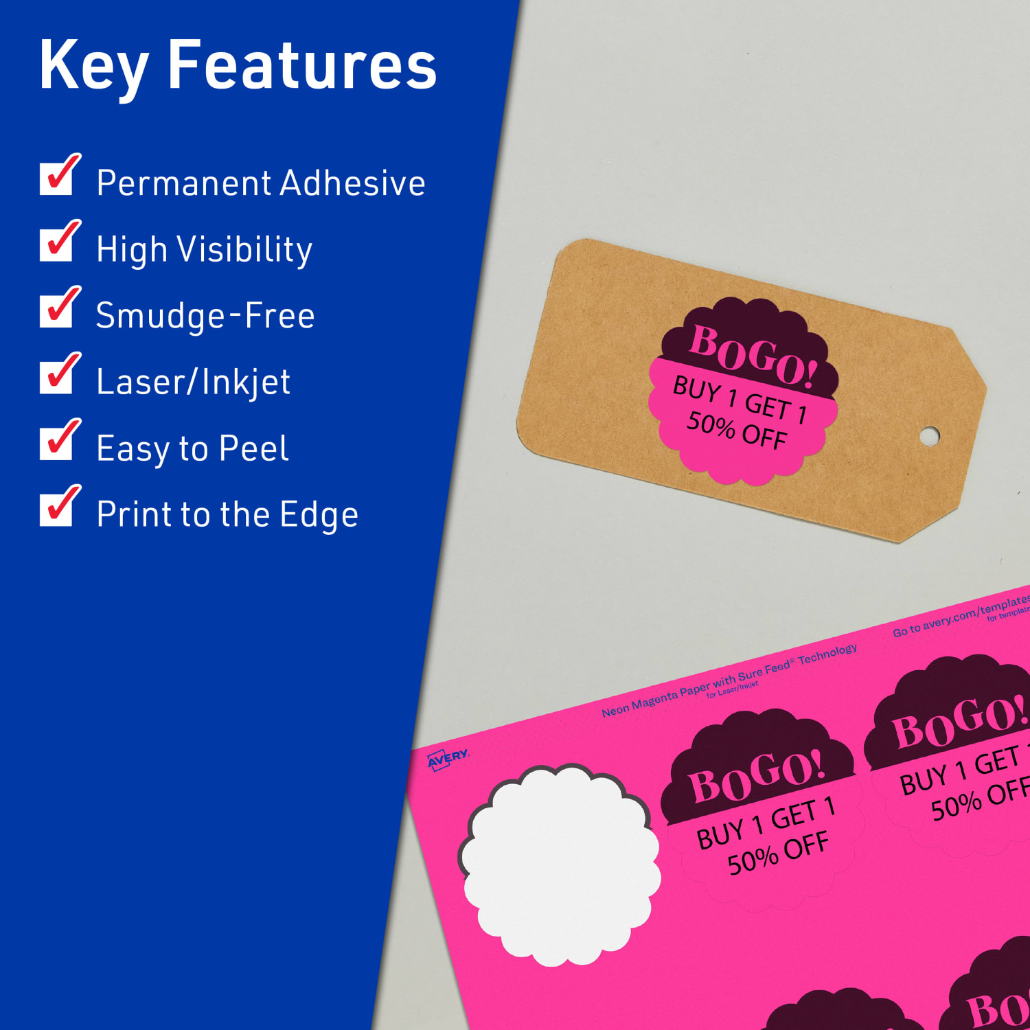 Avery Print-To-The-Edge Labels With Sure Feed Technology, 94516-NMP10, Round Scalloped, 2-1/2in, Matte Neon Magenta, Pack of 90 - Image 3