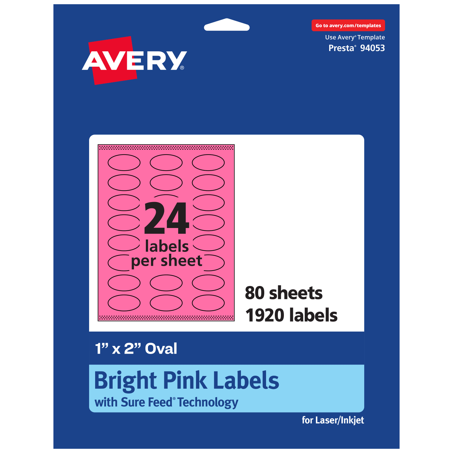 Avery Print-To-The-Edge Labels With Sure Feed Technology And Easy Peel Label Feature, 94053-BPP80, Oval, 1in x 2in, Matte Bright Pink, Pack of 1920