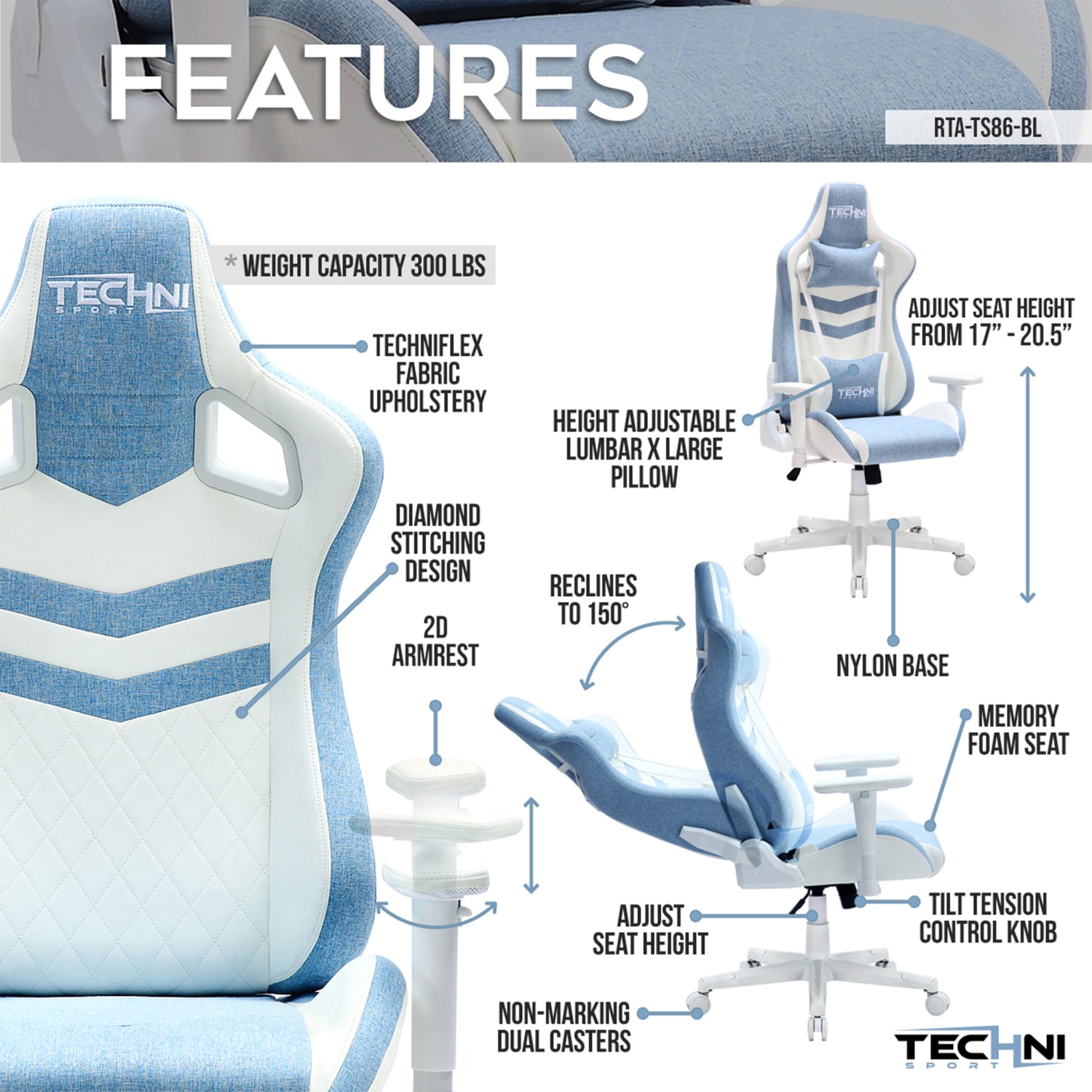 Techni Sport Pastel Series Ergonomic Faux Leather Computer Gaming Chair, Blue - Image 4