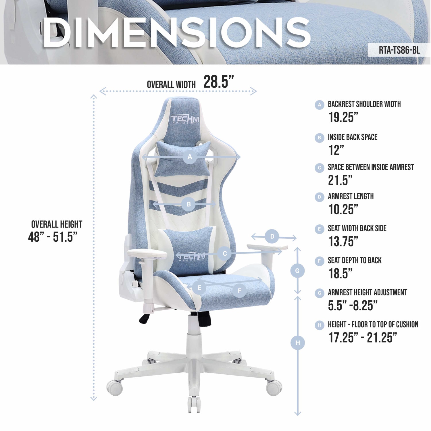 Techni Sport Pastel Series Ergonomic Faux Leather Computer Gaming Chair, Blue - Image 5
