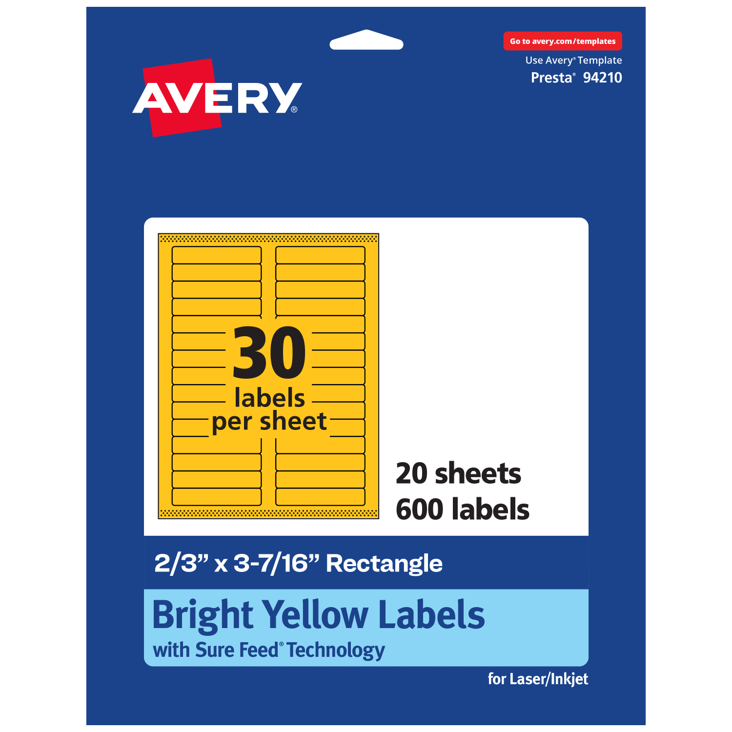 Avery Printable Labels With Sure Feed Technology, 94210-BYP20, Rectangle, 2/3in x 3-7/16in, Matte Bright Yellow, Pack of 600