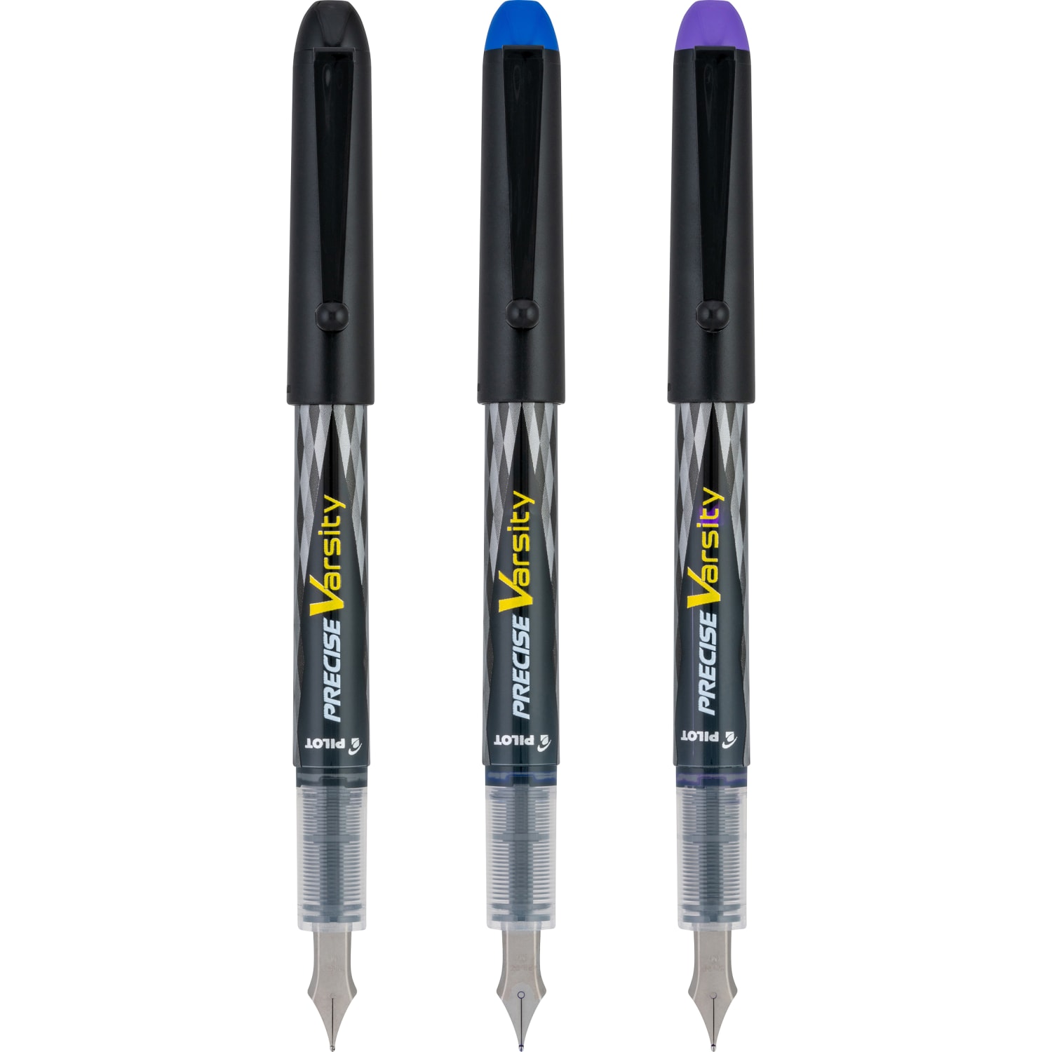 Pilot Precise Varsity Fountain Pens, Medium Nib, Black Barrel, Assorted Inks, Pack of 3 pens - Image 3