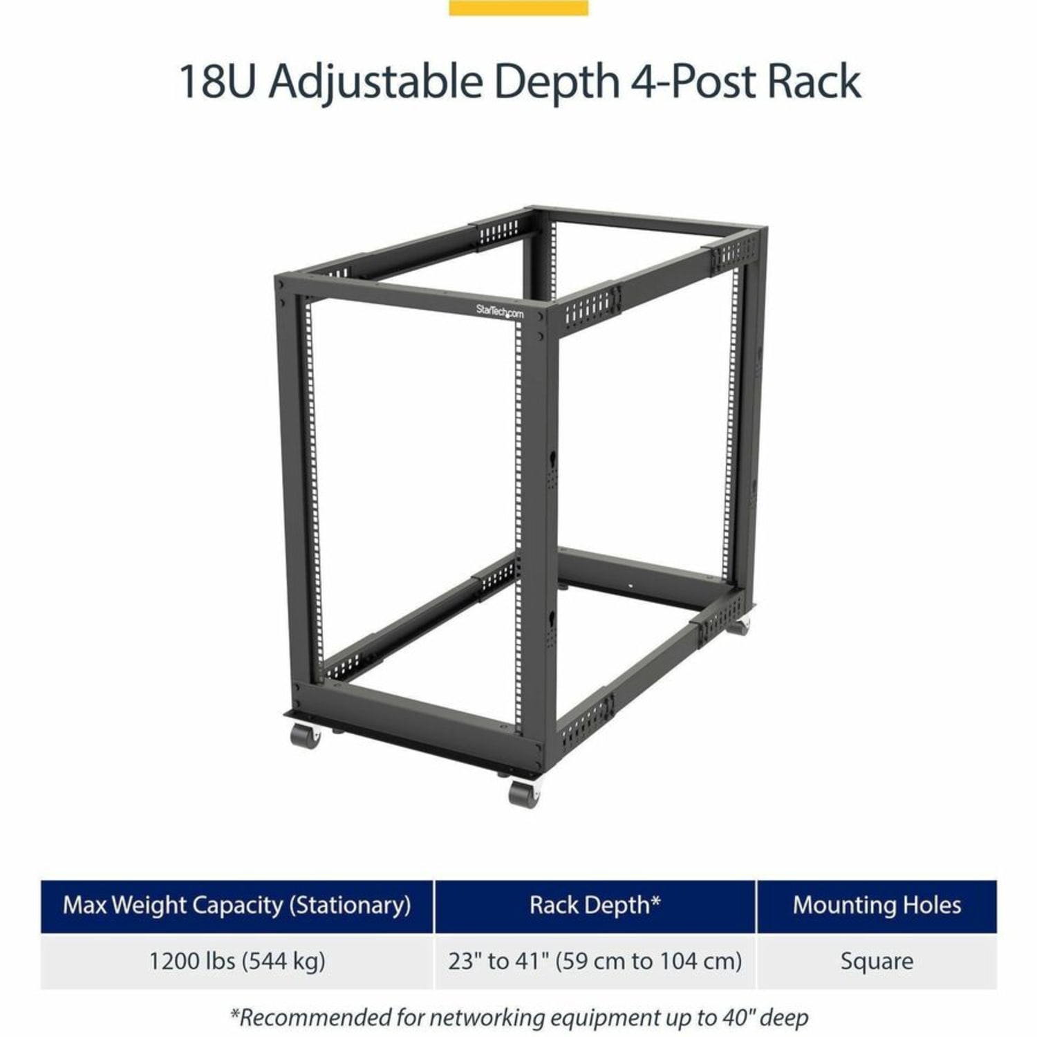 StarTech.com 18U Open Frame Rack - 4 Post - 22-40 in. Adjustable Depth - 1200 lb. Weight Capacity - Includes Casters (4POSTRACK8U) - Image 3