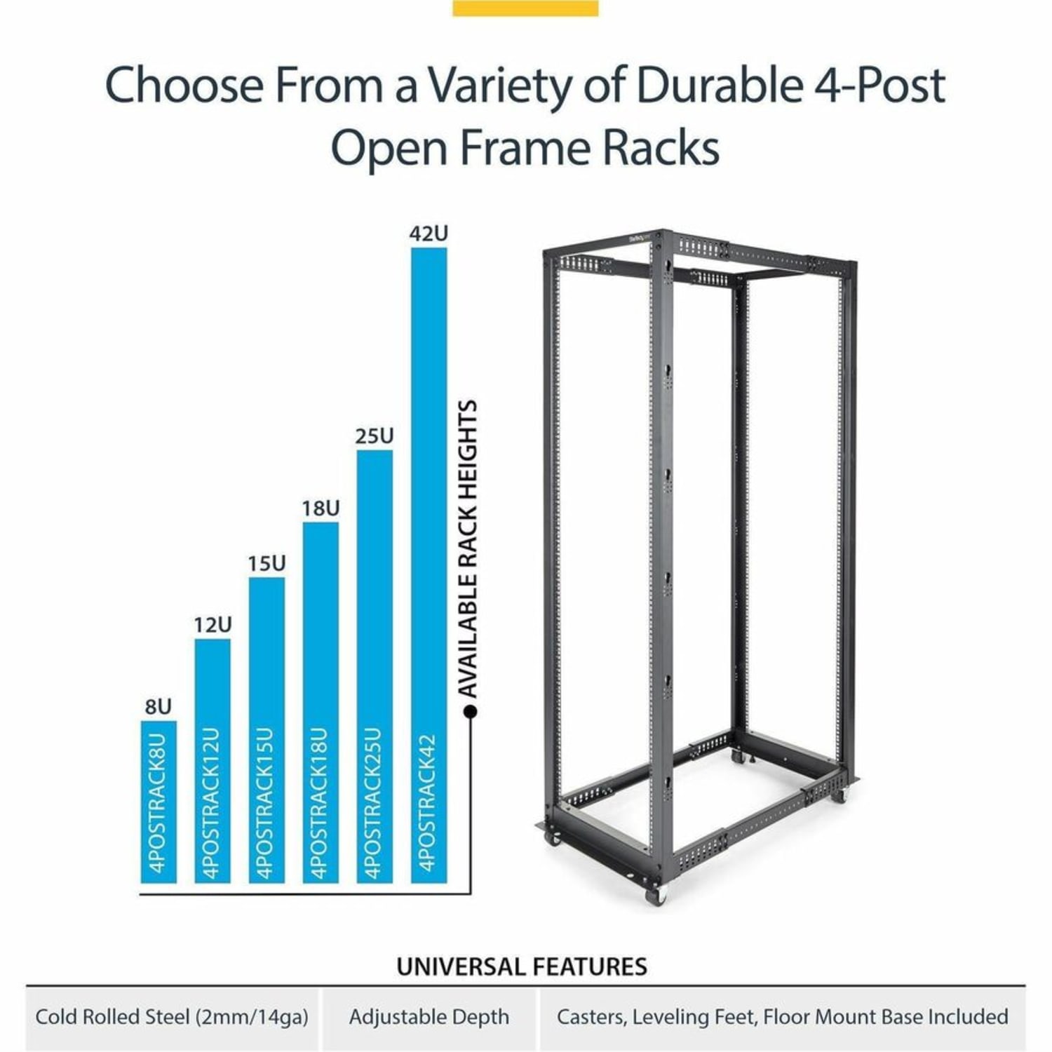 StarTech.com 18U Open Frame Rack - 4 Post - 22-40 in. Adjustable Depth - 1200 lb. Weight Capacity - Includes Casters (4POSTRACK8U) - Image 5