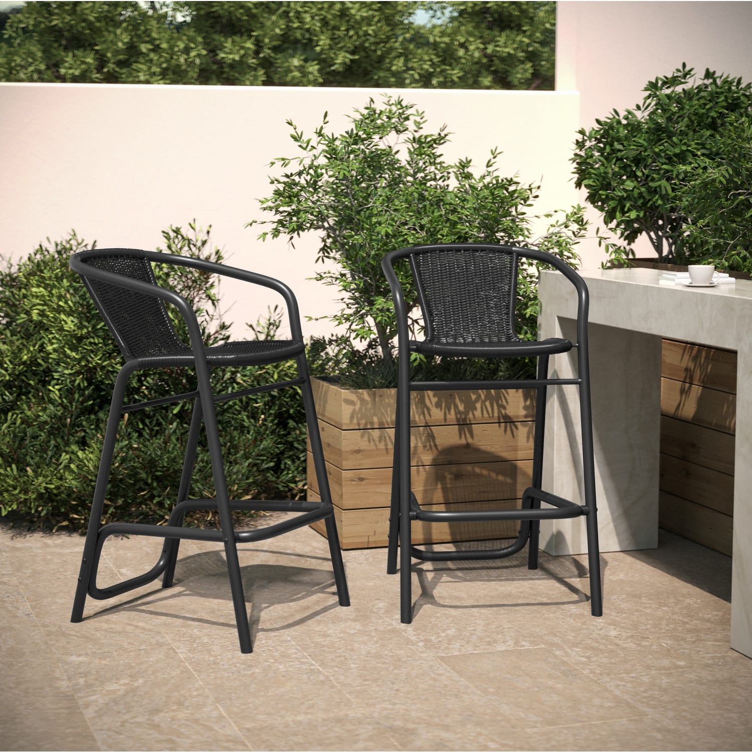 Flash Furniture Lila Set of 2 Commercial Grade Indoor-Outdoor PE Rattan Restaurant Barstools with Aluminum Frames and Footrests, Black - Image 3
