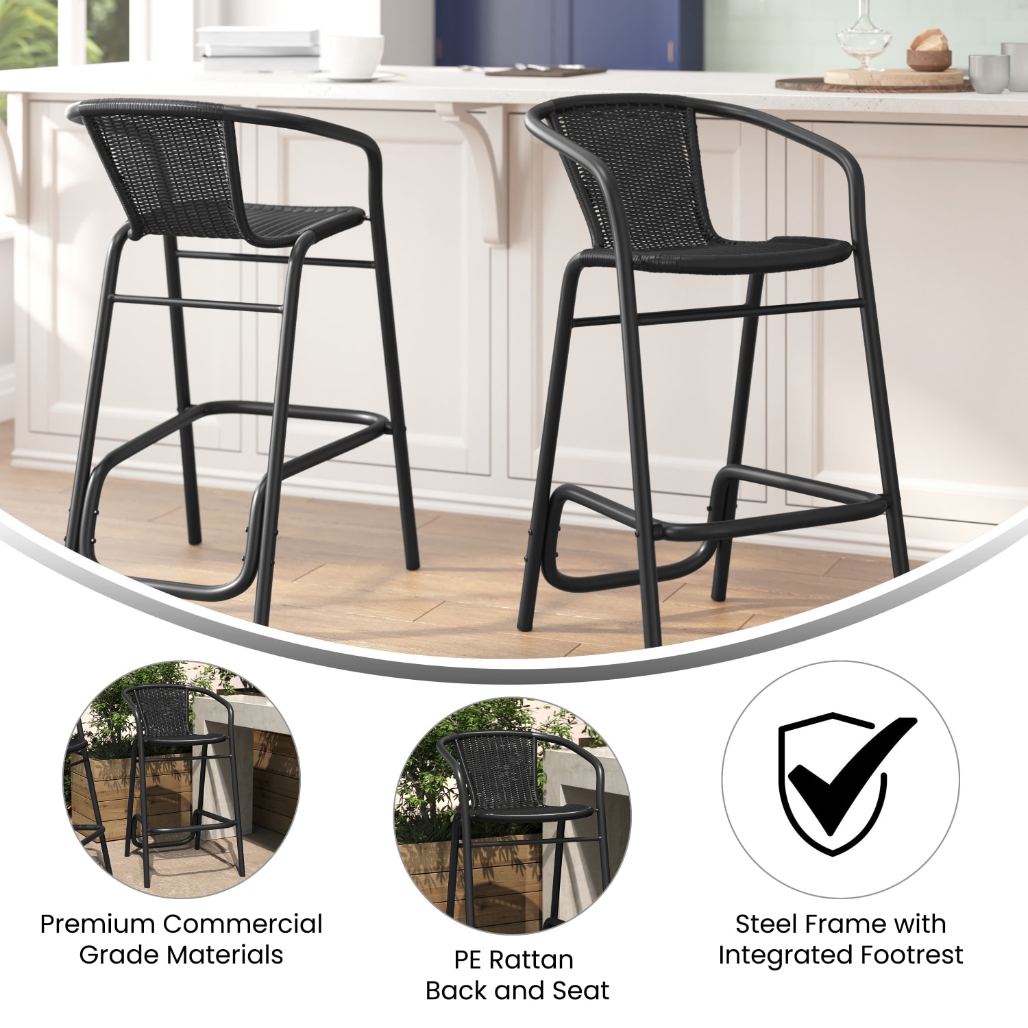 Flash Furniture Lila Set of 2 Commercial Grade Indoor-Outdoor PE Rattan Restaurant Barstools with Aluminum Frames and Footrests, Black - Image 4