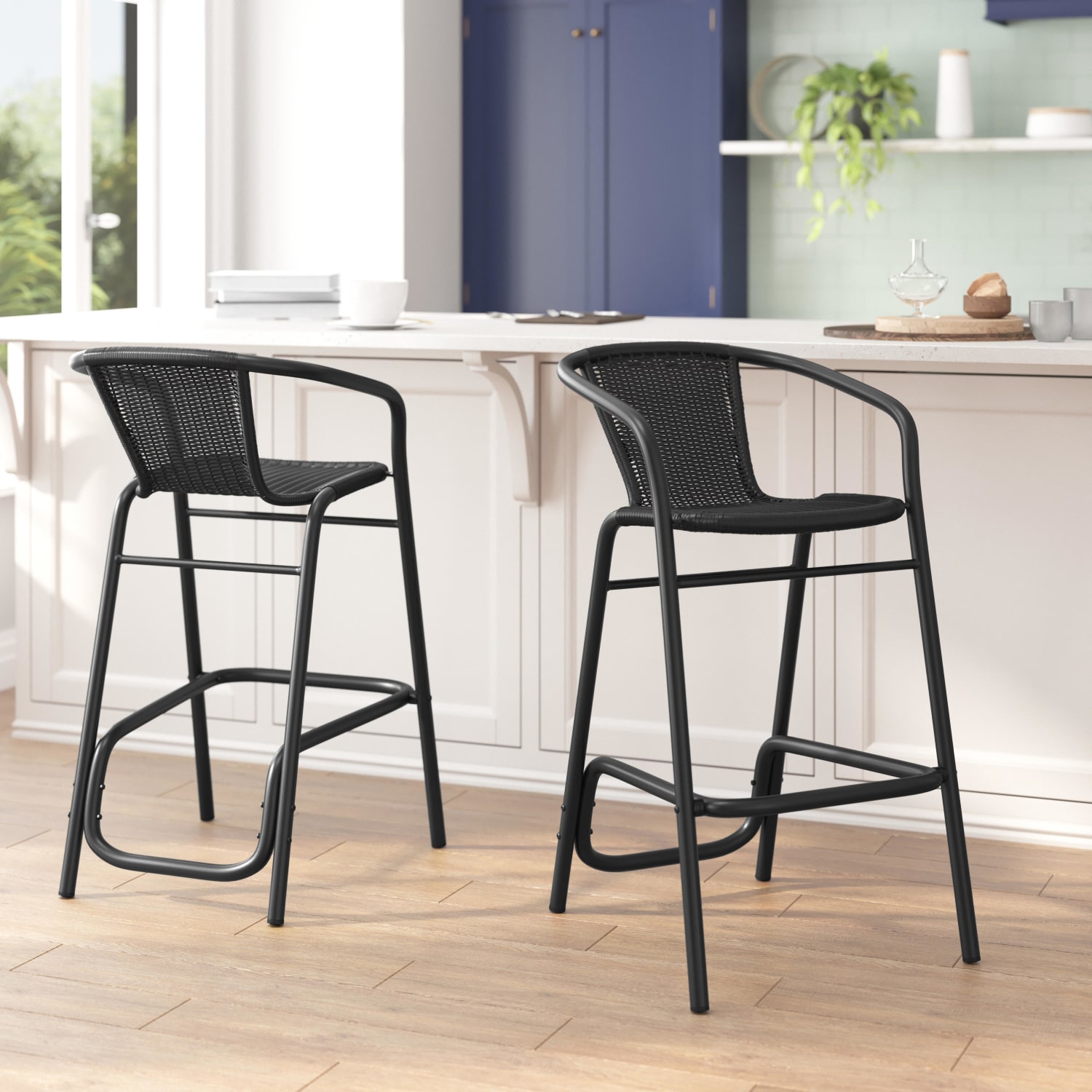 Flash Furniture Lila Set of 2 Commercial Grade Indoor-Outdoor PE Rattan Restaurant Barstools with Aluminum Frames and Footrests, Black - Image 5