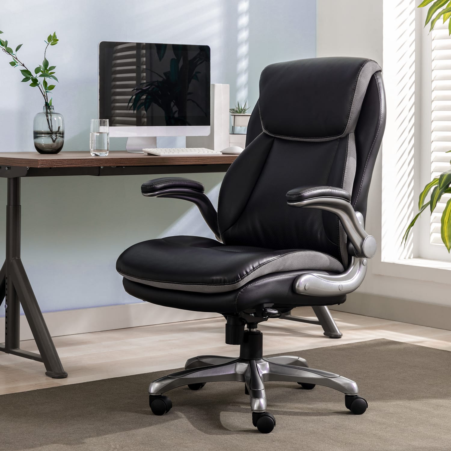 Serta Smart Layers Brinkley Ergonomic Bonded Leather High-Back Executive Office Chair, Black/Silver