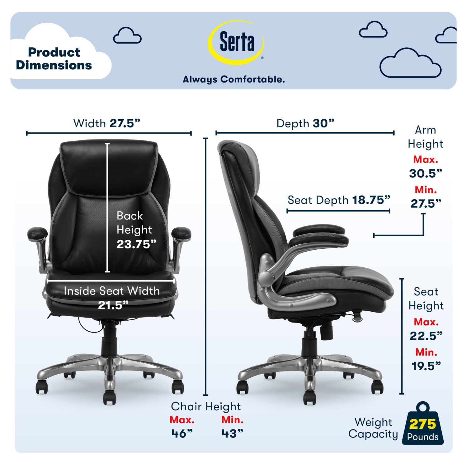Serta Smart Layers Brinkley Ergonomic Bonded Leather High-Back Executive Office Chair, Black/Silver - Image 3