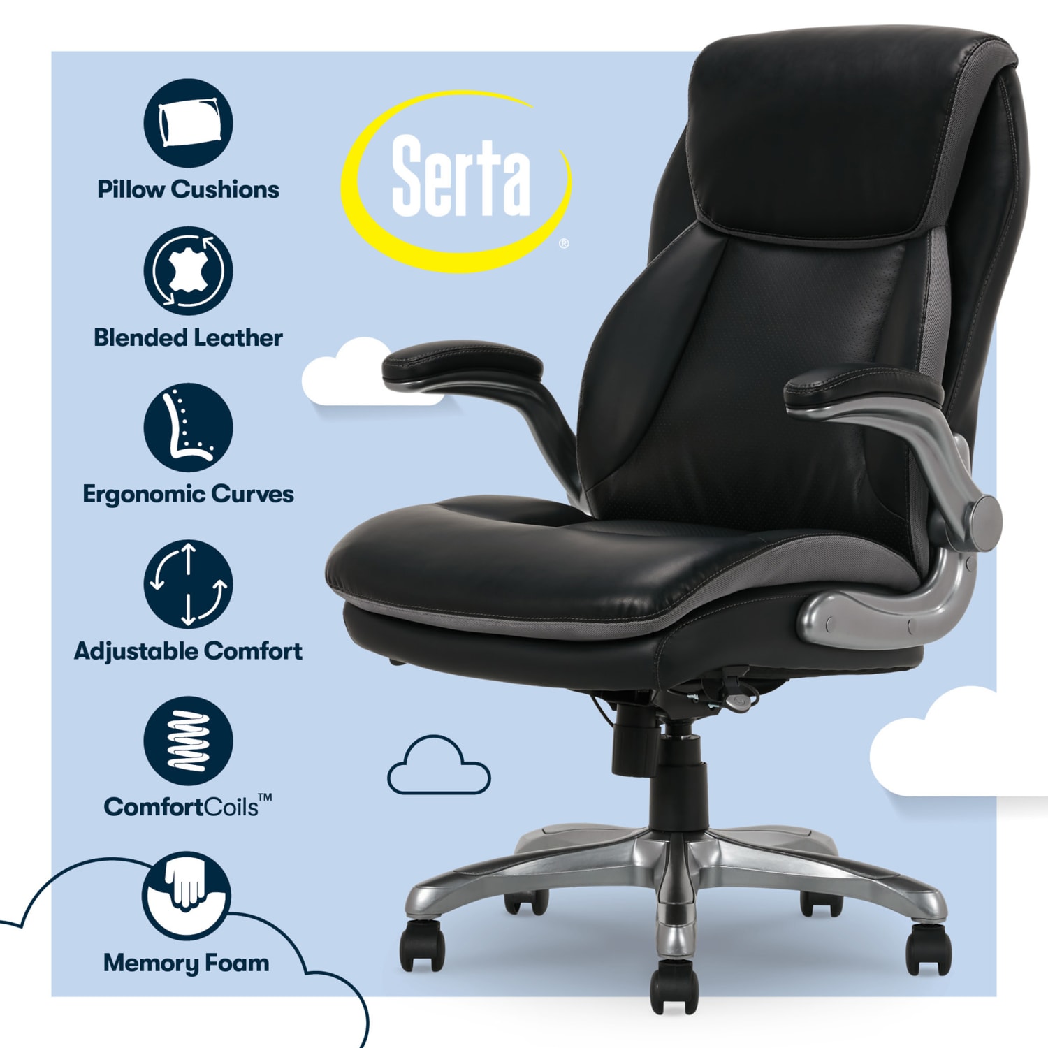 Serta Smart Layers Brinkley Ergonomic Bonded Leather High-Back Executive Office Chair, Black/Silver - Image 4