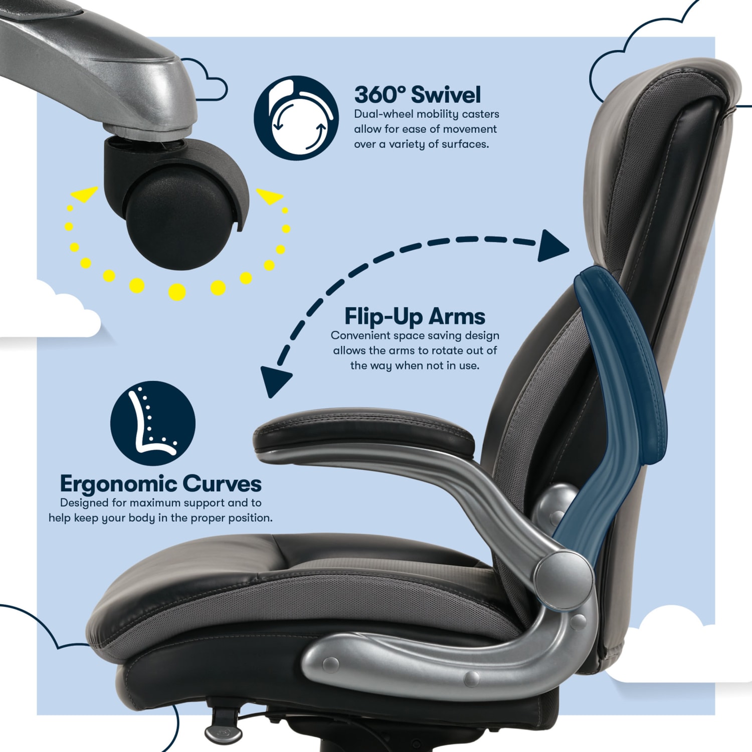 Serta Smart Layers Brinkley Ergonomic Bonded Leather High Back Executive Office Chair BlackSilver PopularChairscom