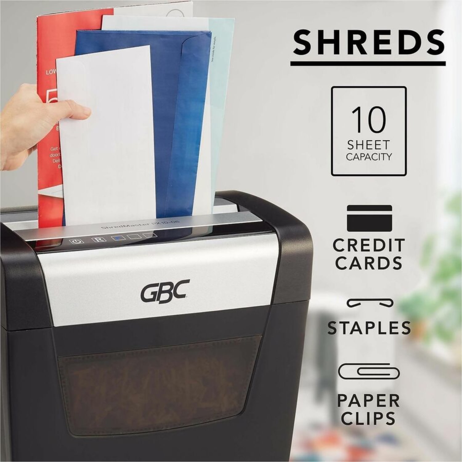 GBC ShredMaster PX10-06 Super Cross-Cut Paper Shredder - Non-continuous Shredder - Super Cross Cut - 10 Per Pass - for shredding Staples, Paper Clip - P-4 - 5.90 ft/min - 9in Throat - 6 Minute Run Time - 6 gal Wastebin Capacity - Black, Chrome - Image 5