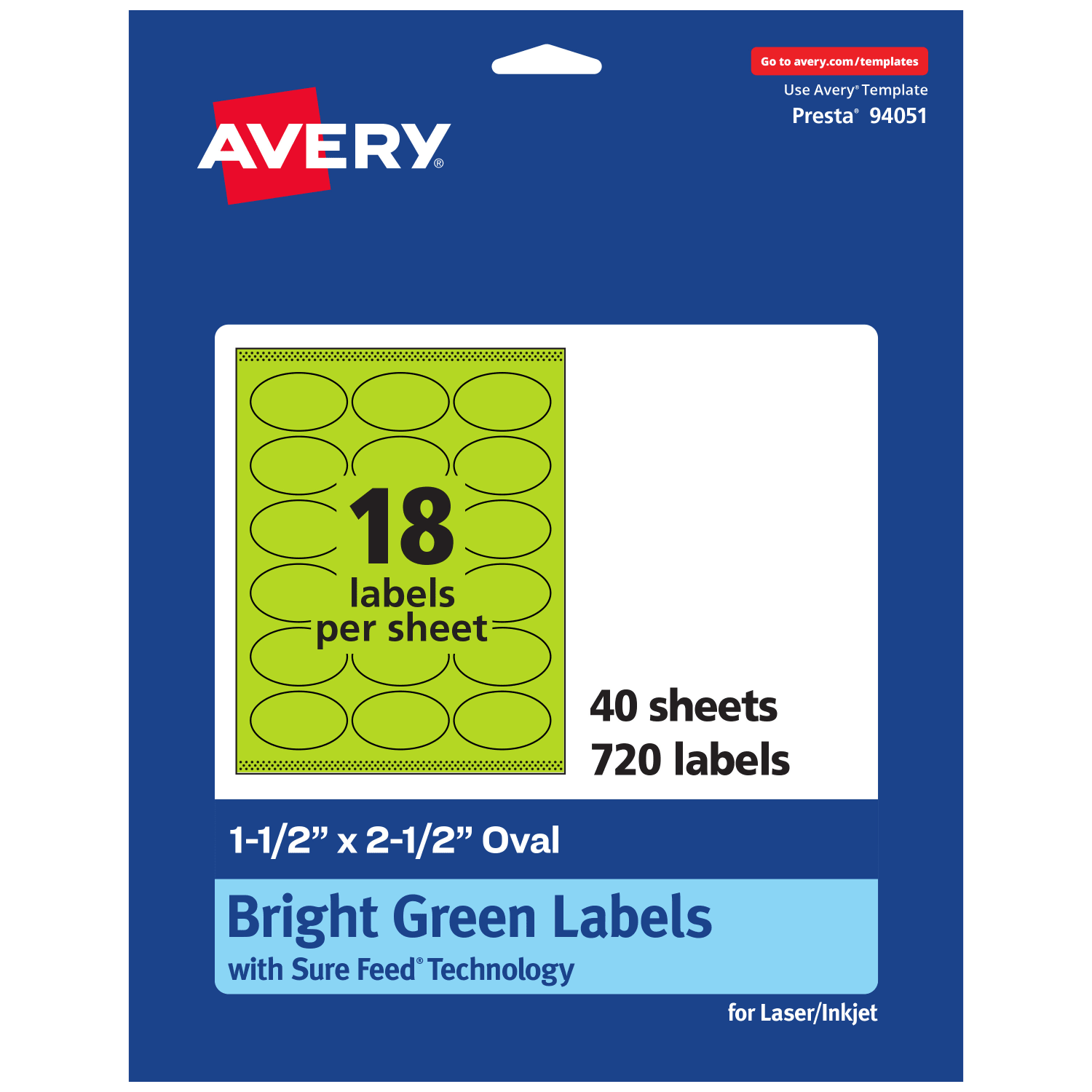 Avery Printable Labels With Sure Feed Technology, 94051-BGP40, Oval, 1-1/2in x 2-1/2in, Matte Bright Green, Pack of 720 - Image 3