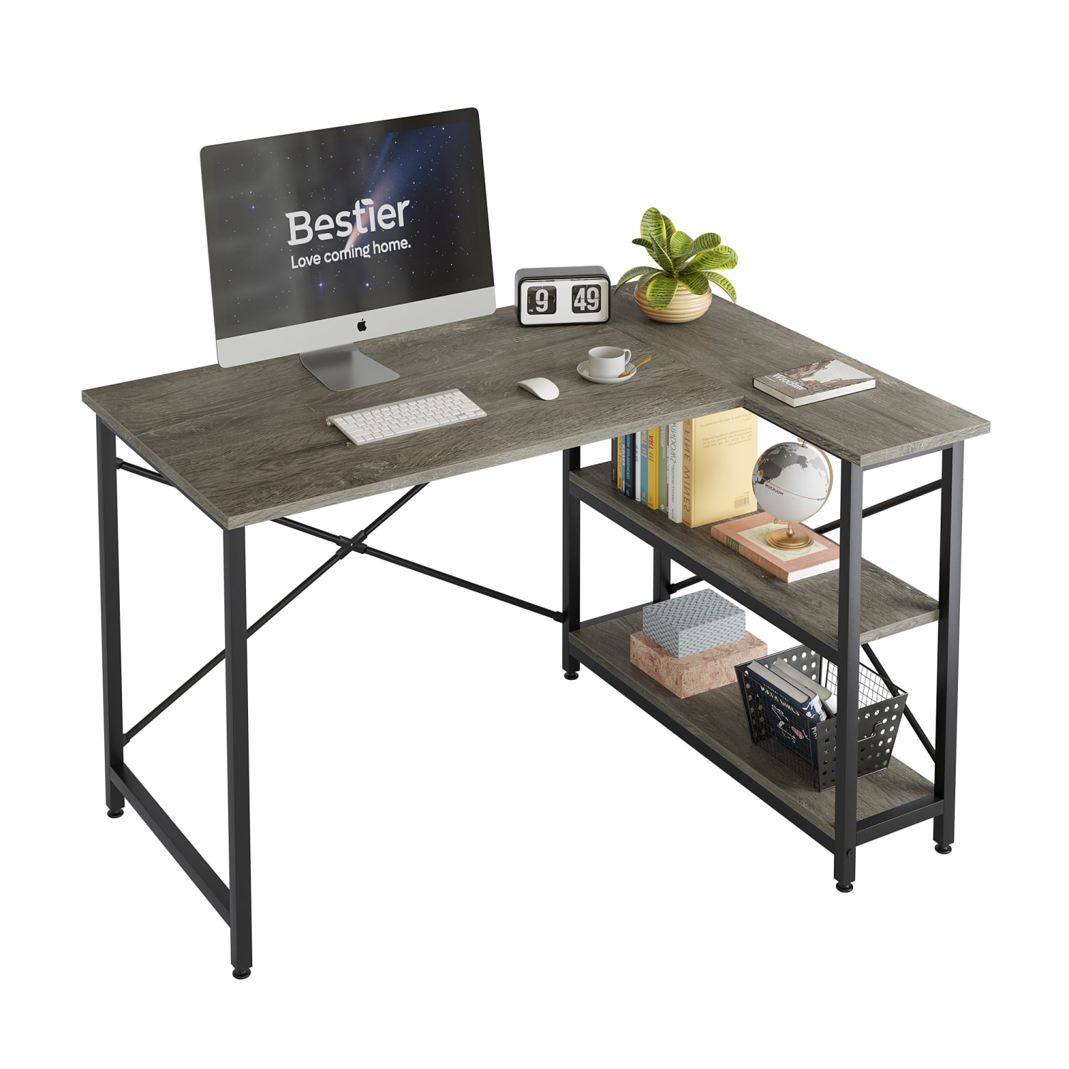 Bestier L-Shaped Corner Desk With Storage Shelf, 48inW, Dark Retro Gray Oak