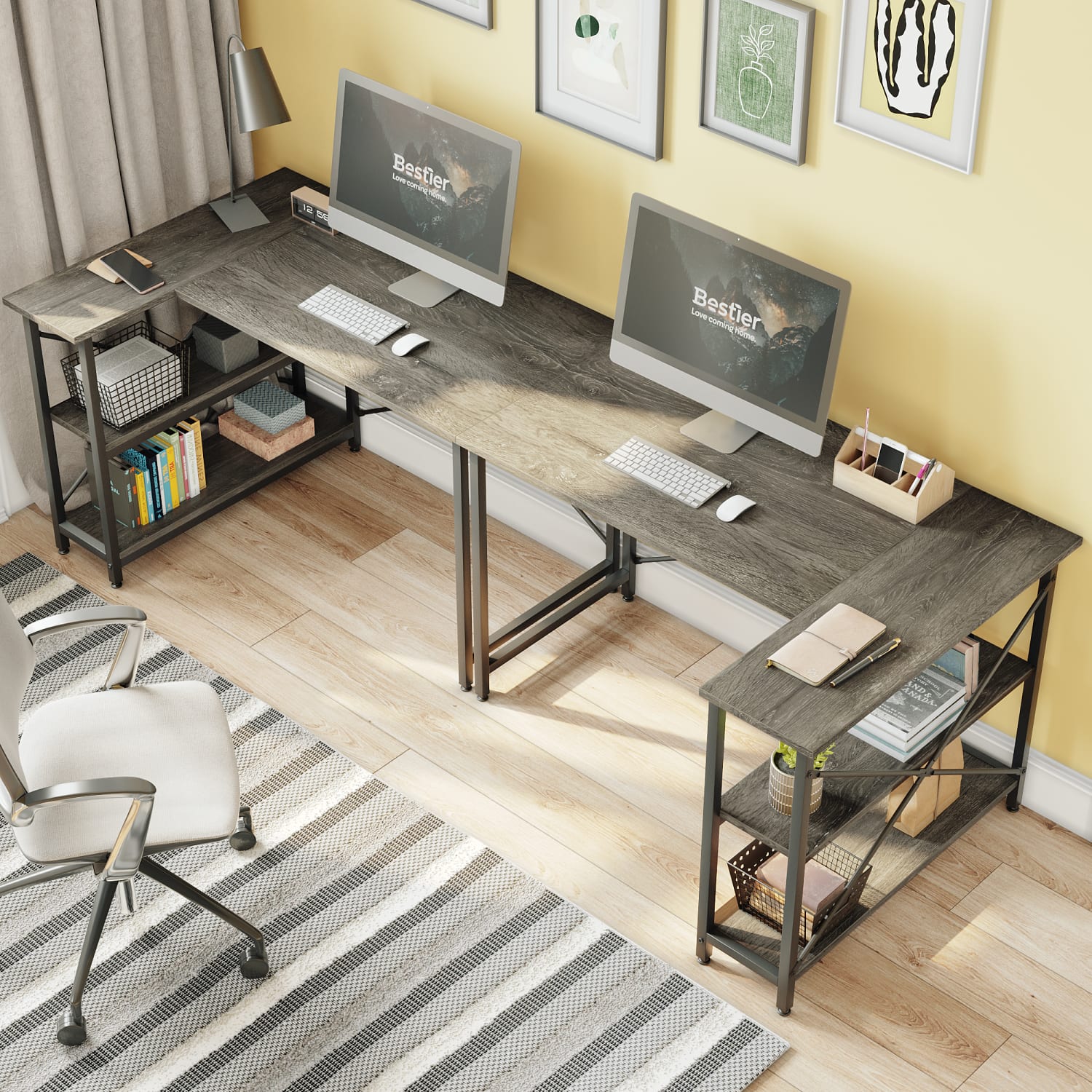 Bestier L-Shaped Corner Desk With Storage Shelf, 48inW, Dark Retro Gray Oak - Image 4