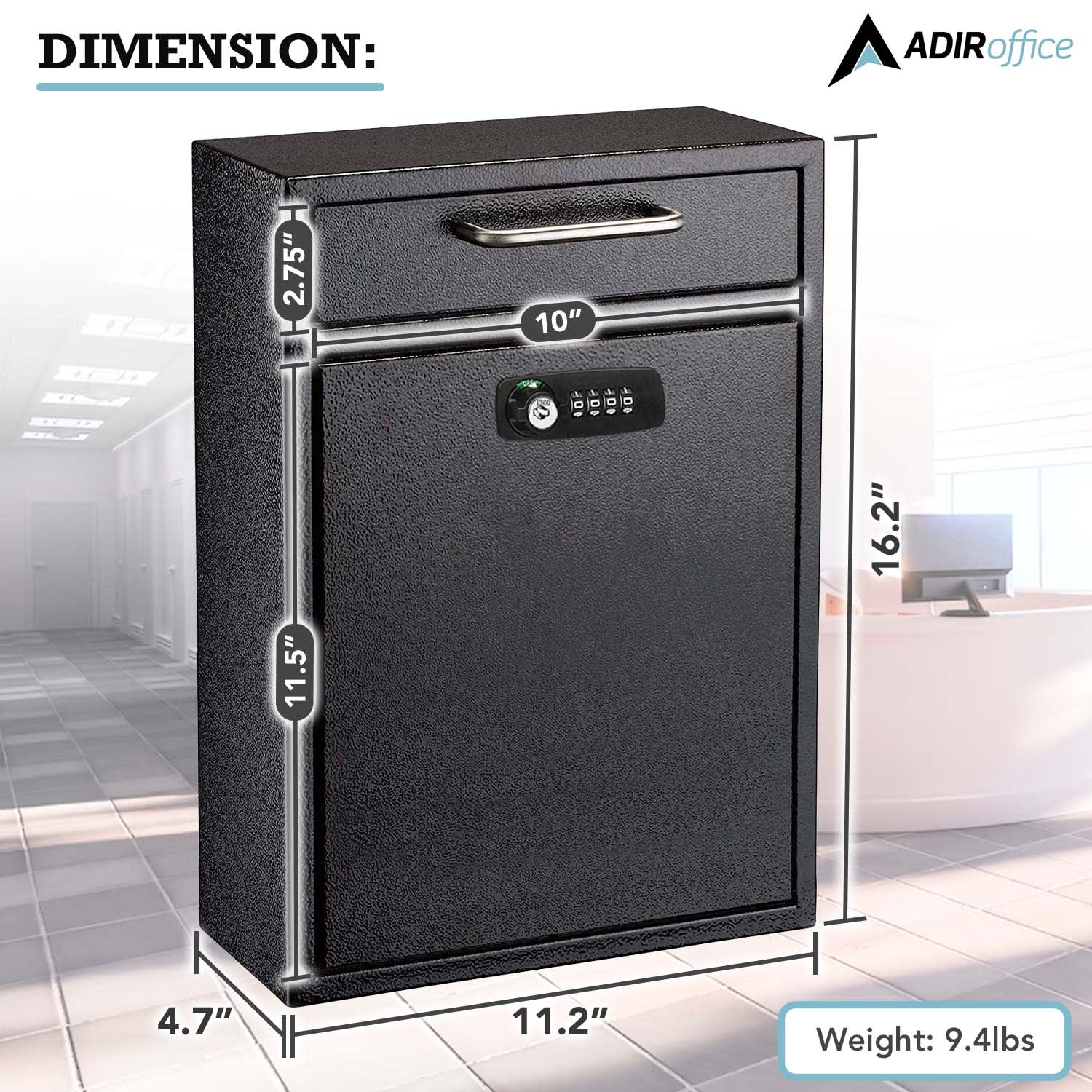 AdirOffice Large Drop Box Wall Mounted Locking Mail Box With Key And Combination Lock, 16-1/4inH x 11-1/4inW x 4-3/4inD, Black - Image 3