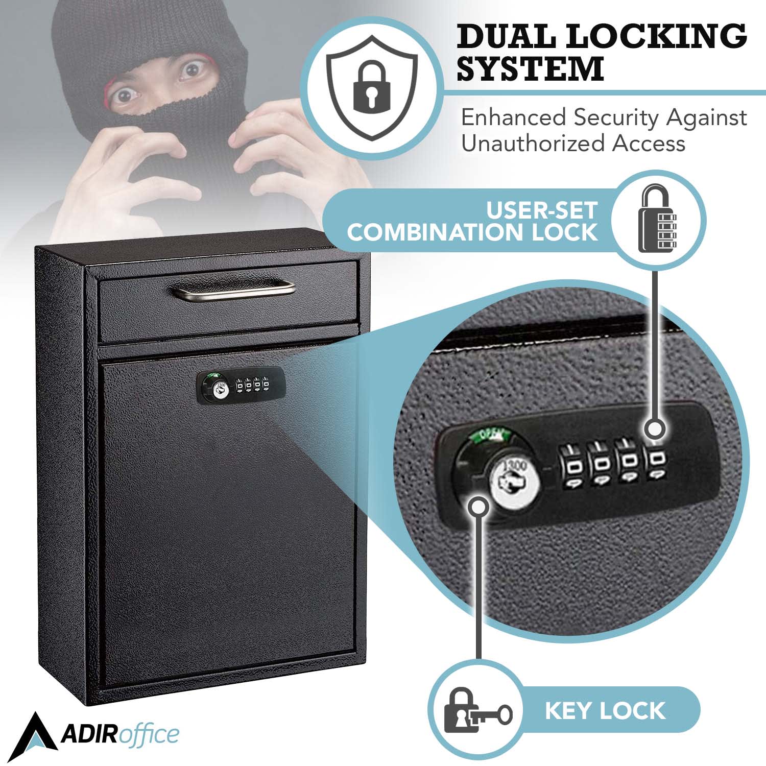 AdirOffice Large Drop Box Wall Mounted Locking Mail Box With Key And Combination Lock, 16-1/4inH x 11-1/4inW x 4-3/4inD, Black - Image 4