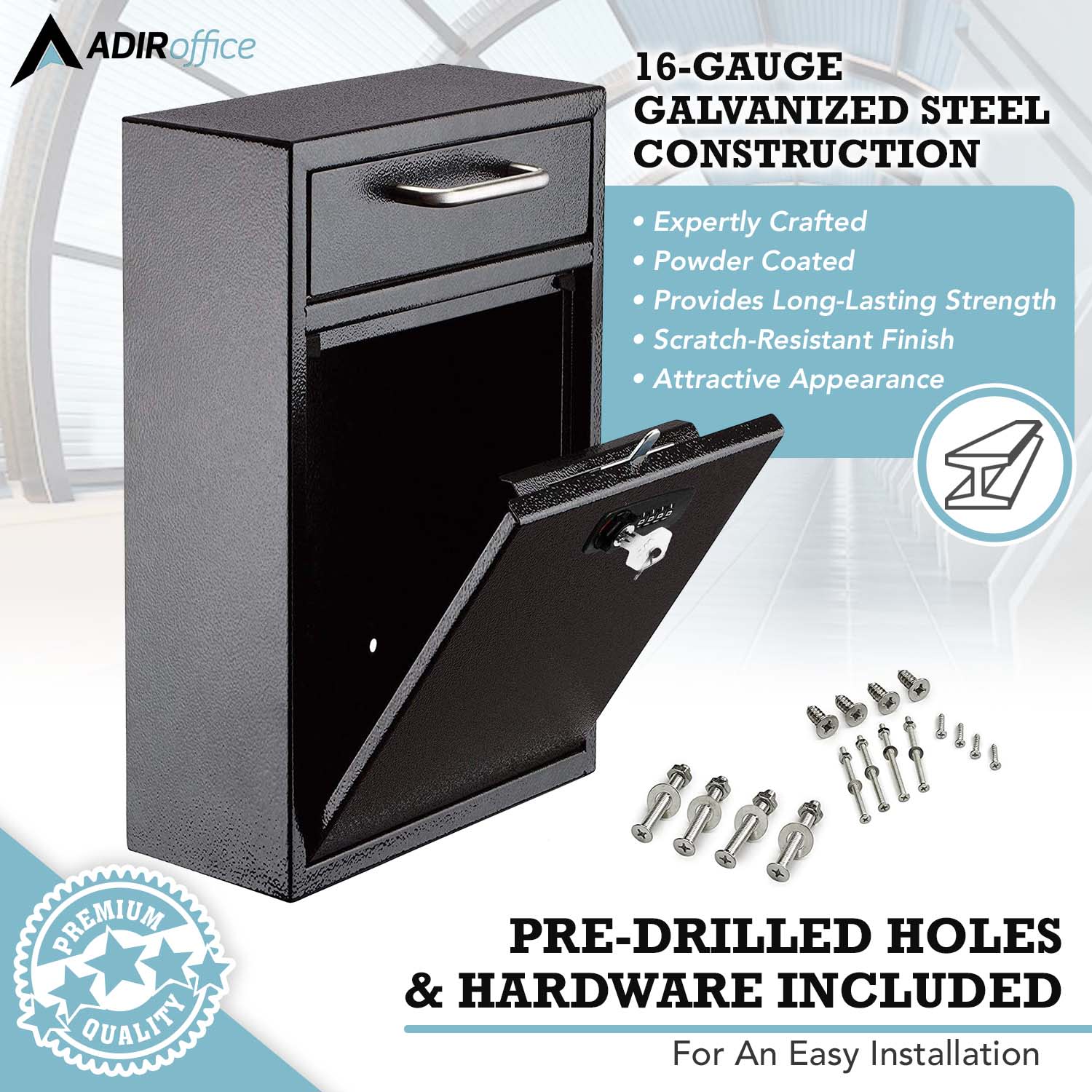 AdirOffice Large Drop Box Wall Mounted Locking Mail Box With Key And Combination Lock, 16-1/4inH x 11-1/4inW x 4-3/4inD, Black - Image 5