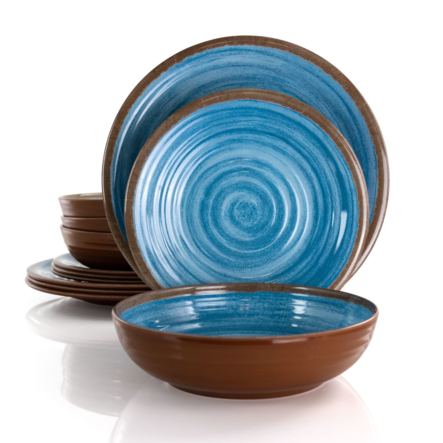 Elama Rippled Tides 12-Piece Dinnerware Set, Blue/Brown - Image 3