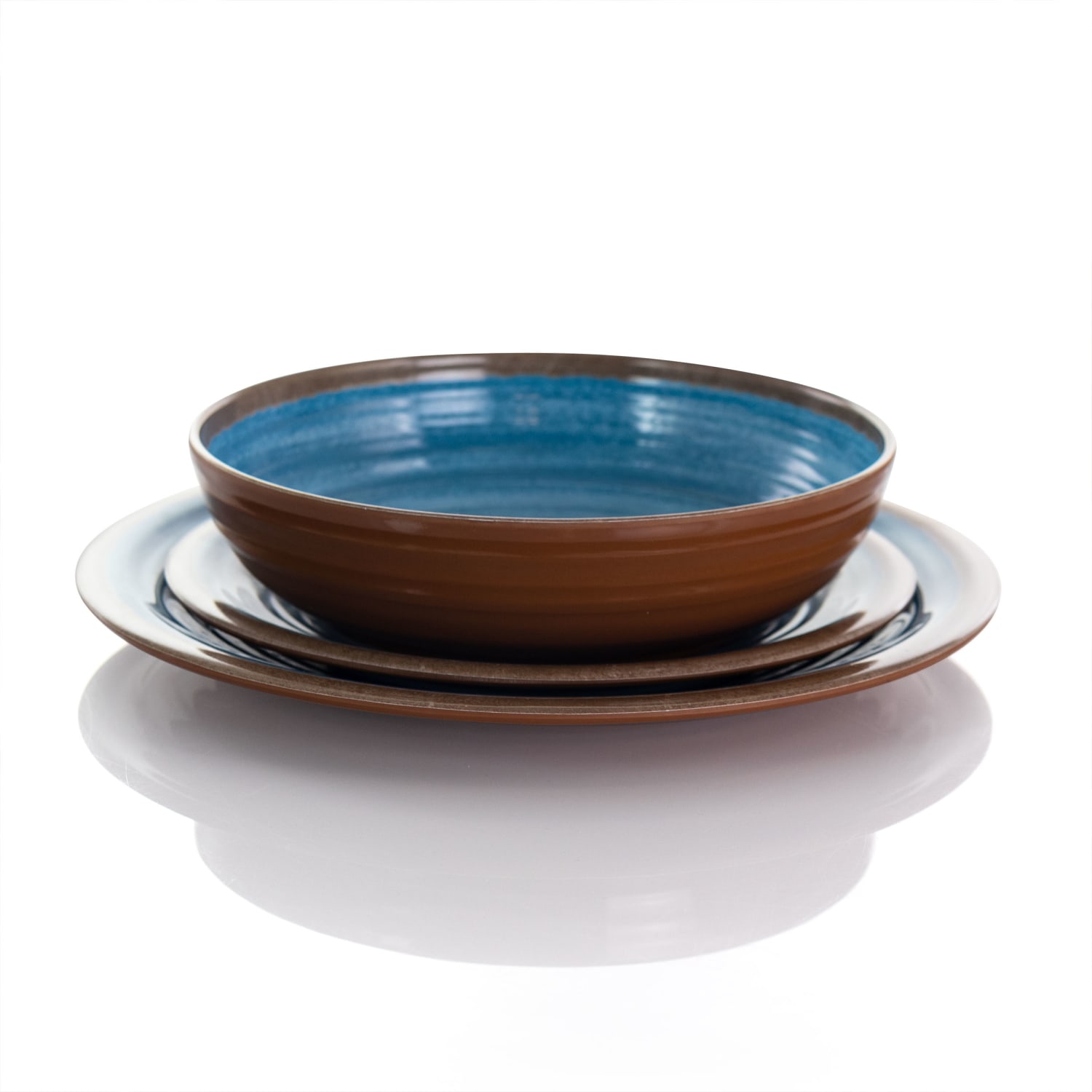 Elama Rippled Tides 12-Piece Dinnerware Set, Blue/Brown - Image 4