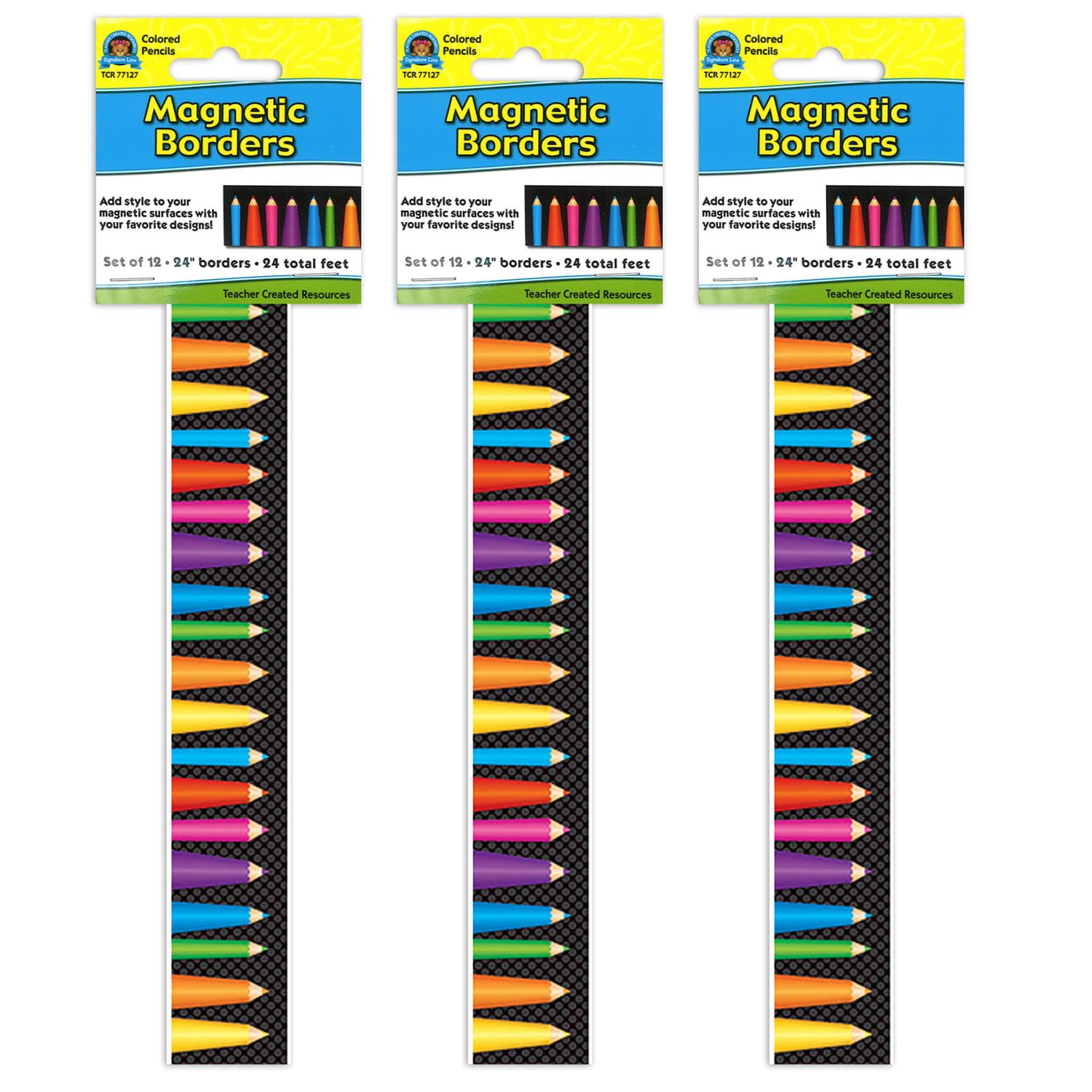 Teacher Created Resources Magnetic Borders, 24in x 1-1/2in, Colored Pencils, 12 Borders Per Pack, Set Of 3 Packs