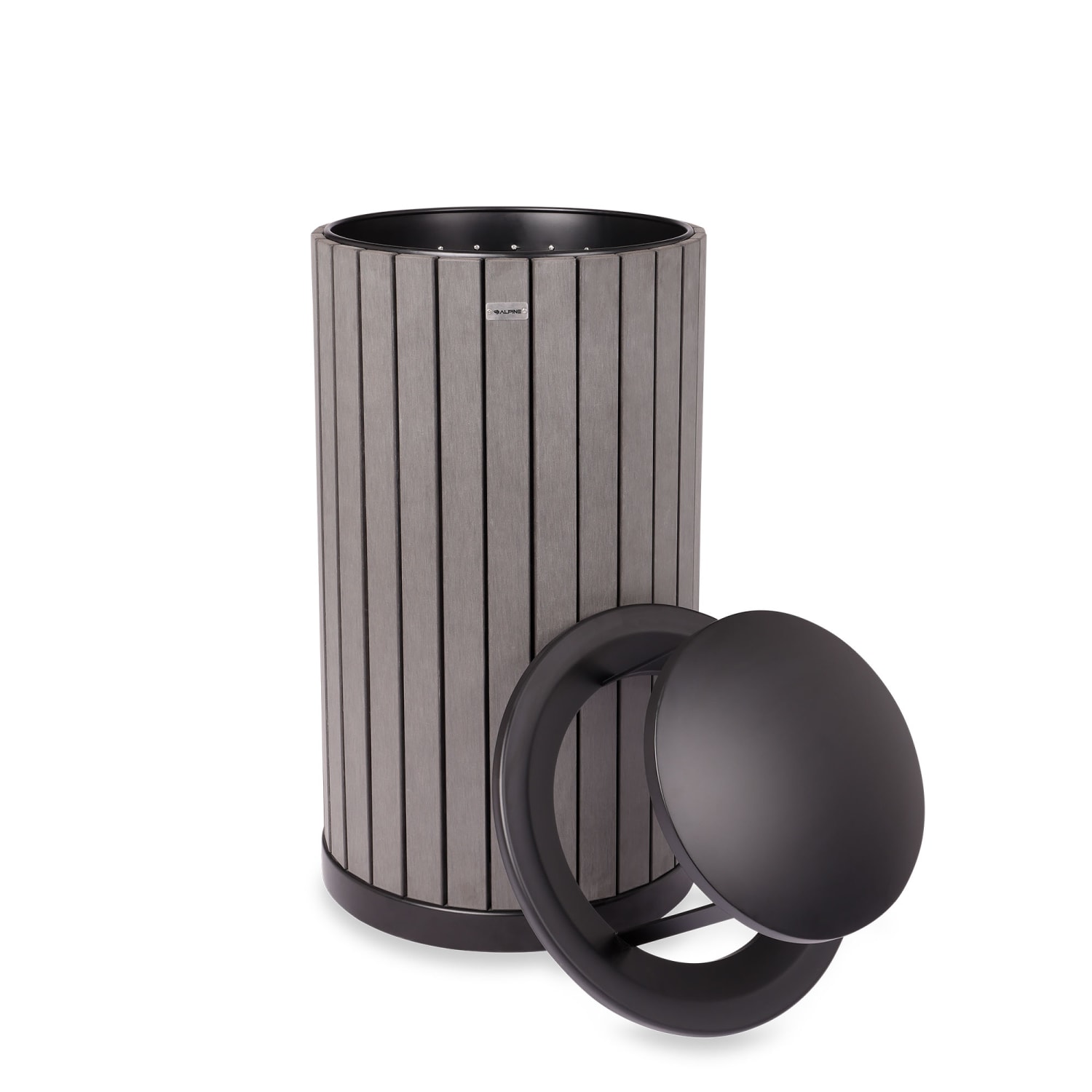 Alpine Slatted Recycled Plastic Panel Round Outdoor Trash Can with Rain Bonnet Lid, 32 Gallon, 33-7/8inH x 20inW x 20D, Gray - Image 3