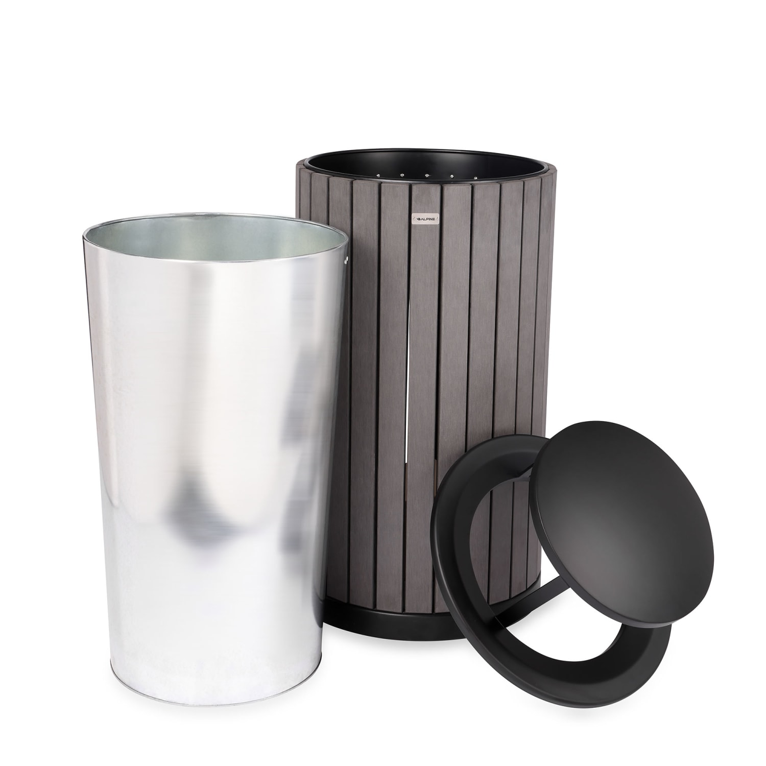Alpine Slatted Recycled Plastic Panel Round Outdoor Trash Can with Rain Bonnet Lid, 32 Gallon, 33-7/8inH x 20inW x 20D, Gray - Image 4