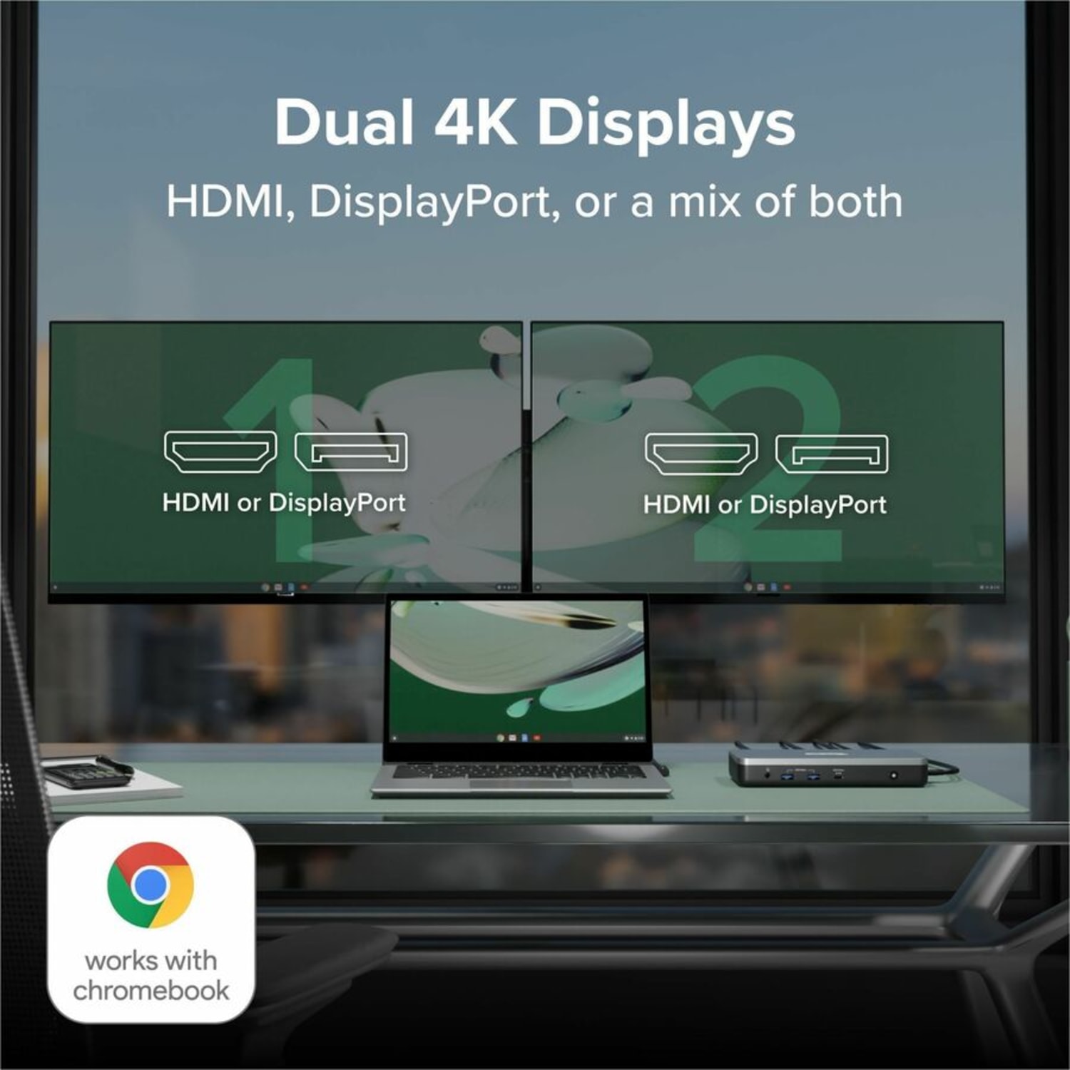 Plugable Dual 4K USB-C Chromebook Docking Station, Google Certified Chromebook Compatible, 60W Driverless Charging Dock - Image 3