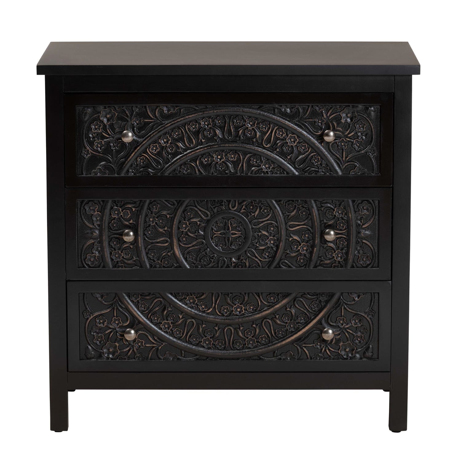 Baxton Studio Yelena 32inW Classic And Traditional Finished Wood 3-Drawer Storage Cabinet, Black/Chrome - Image 4