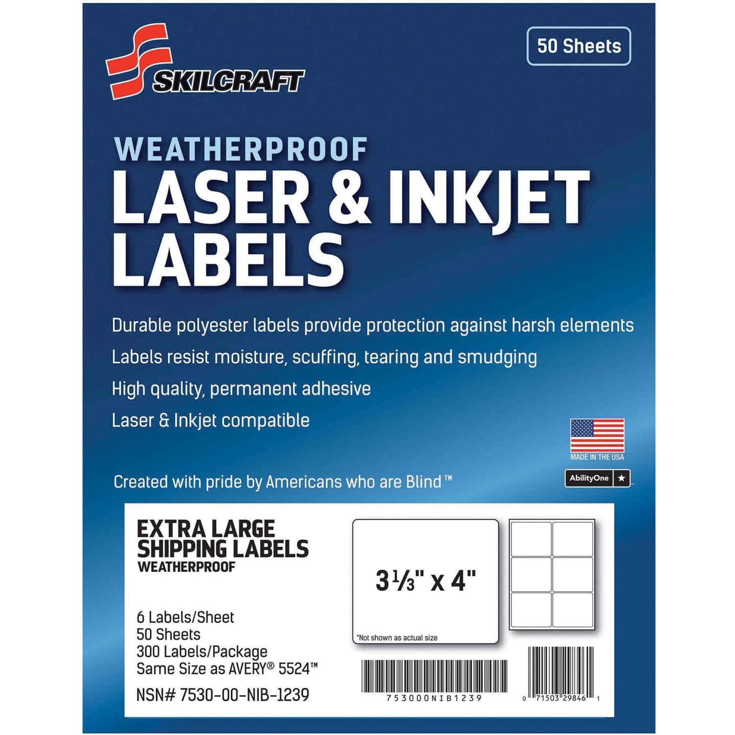 SKILCRAFT Weatherproof Mailing Labels - 3 21/64inx 4in - Permanent Adhesive - Rectangle - Laser, Inkjet - 6736217