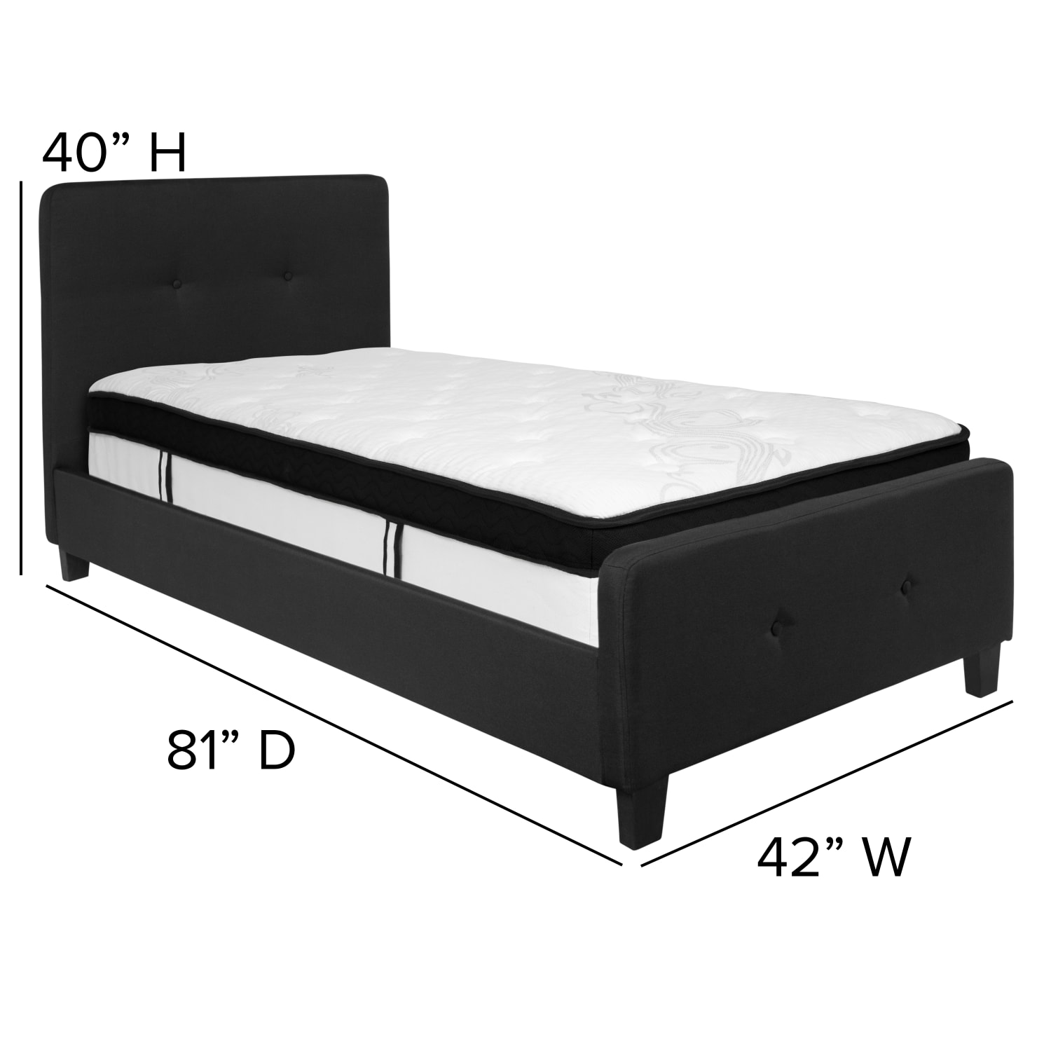 Flash Furniture Tribeca Button Tufted Upholstered Platform Bed with Memory Foam Pocket Spring Mattress, Twin, 40inH x 42inW x 81inL, Black - Image 4