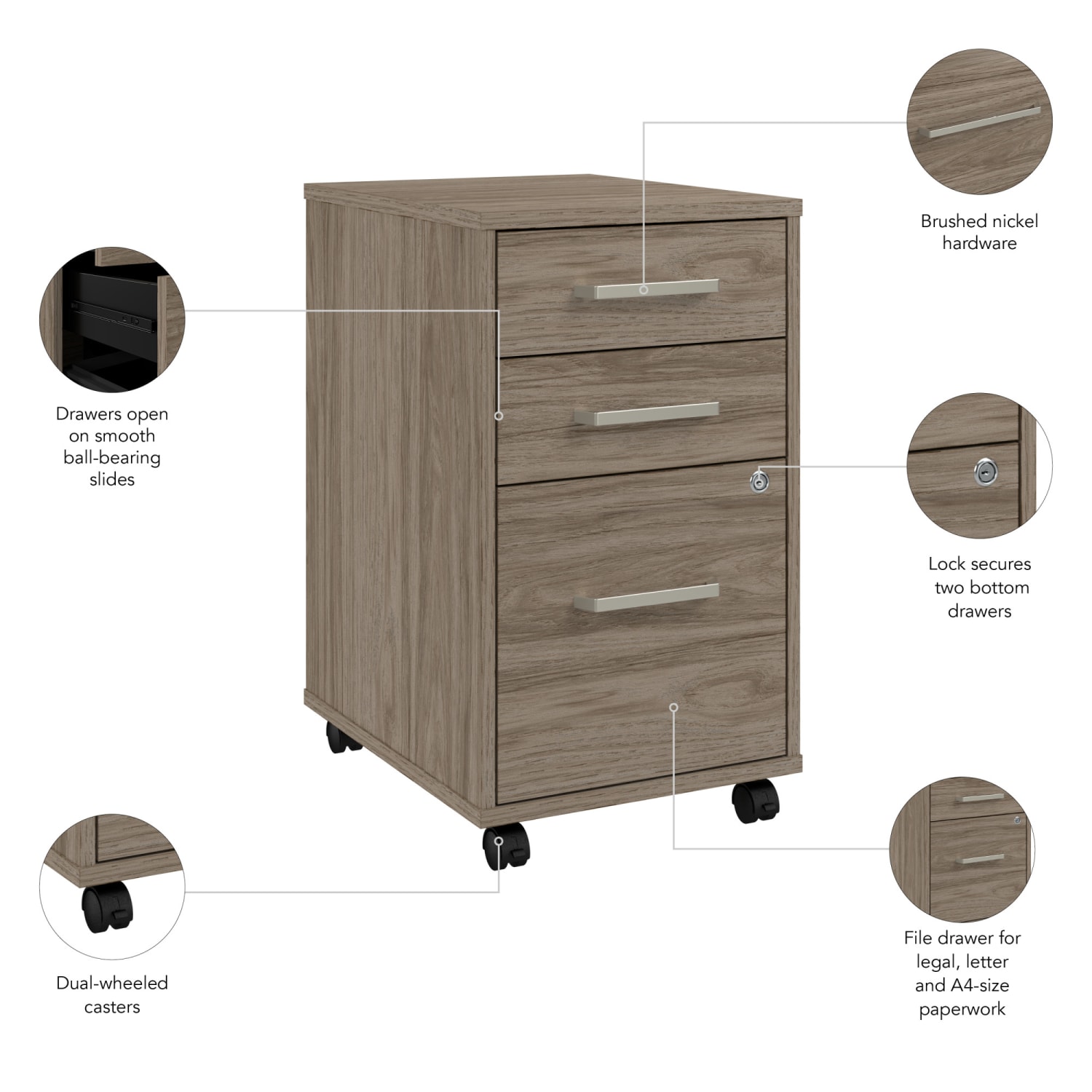 WorkPro Motiva 16inW 3-Drawer Rolling File Cabinet, Modern Hickory, Standard Delivery - Image 4