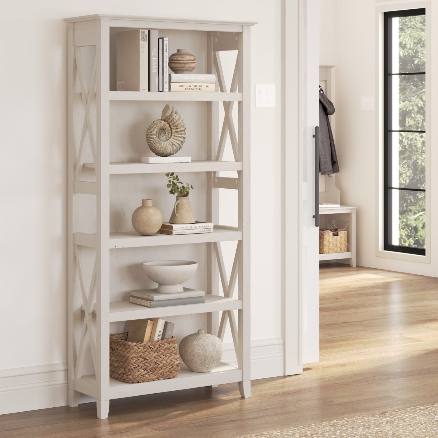 Bush Business Furniture Key West 66inH 5-Shelf Bookcase, Linen White Oak, Standard Delivery