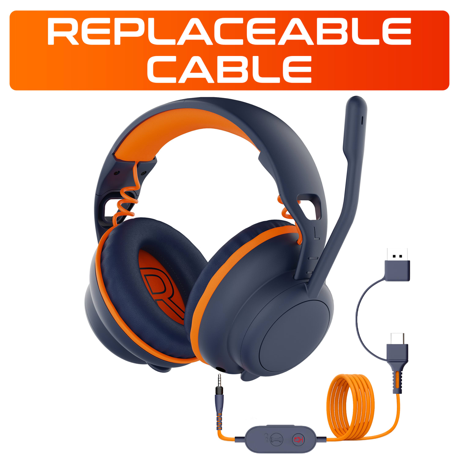 Delton 3.5mm Audio Cable Replacement With USB-A And USB-C Connector, 6ft, Orange - Image 3
