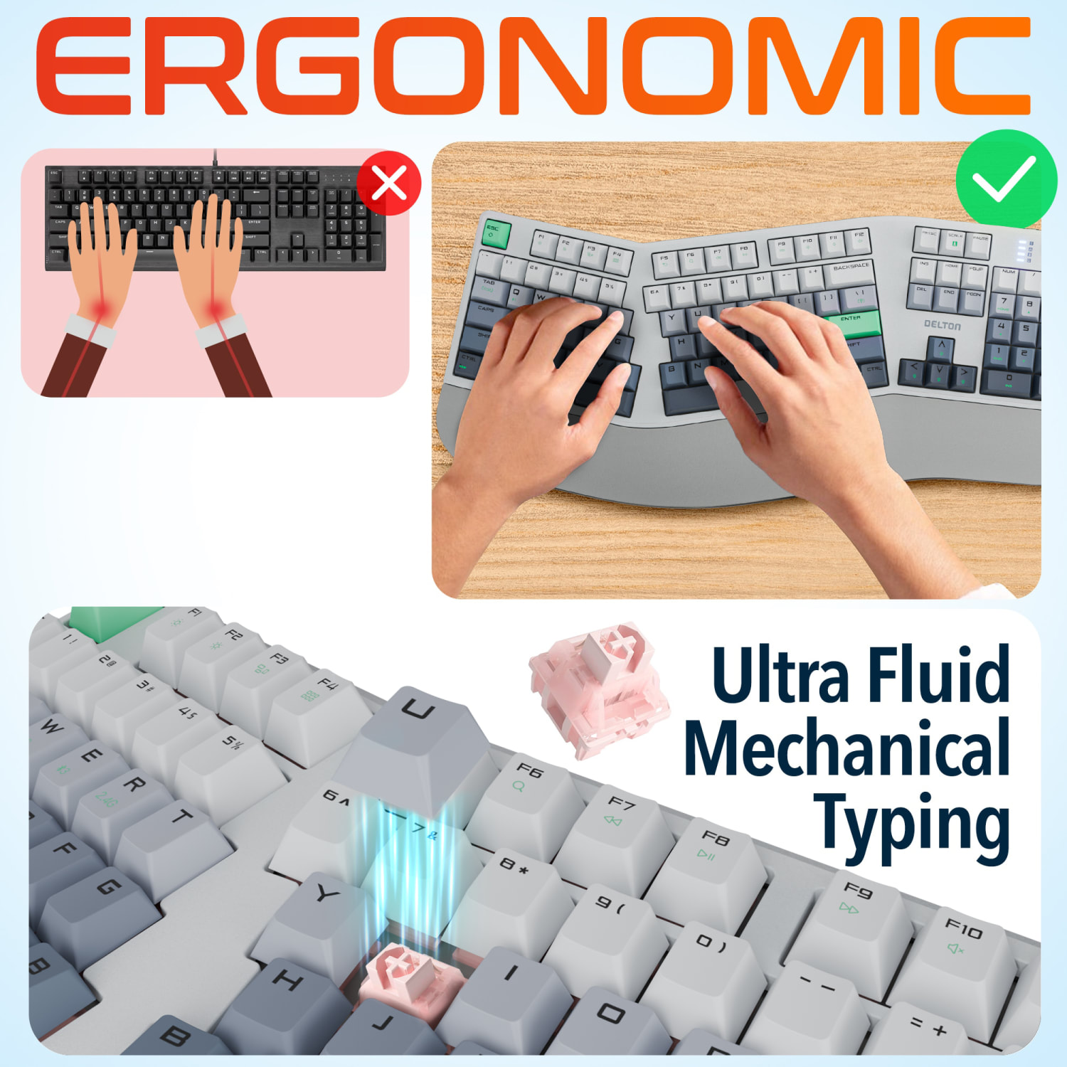 Delton KB450 Wireless Ergonomic Mechanical Keyboard with Wrist Pad, White, Total Qty 1 - Image 3