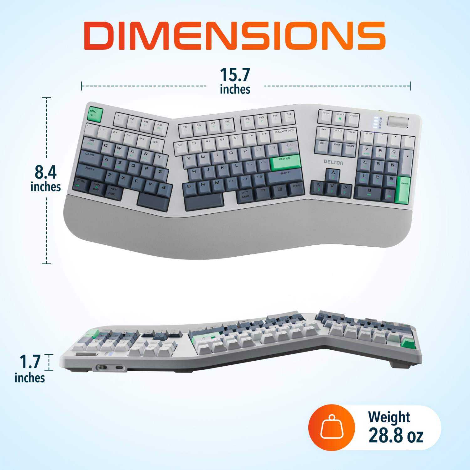 Delton KB450 Wireless Ergonomic Mechanical Keyboard with Wrist Pad, White, Total Qty 1 - Image 6