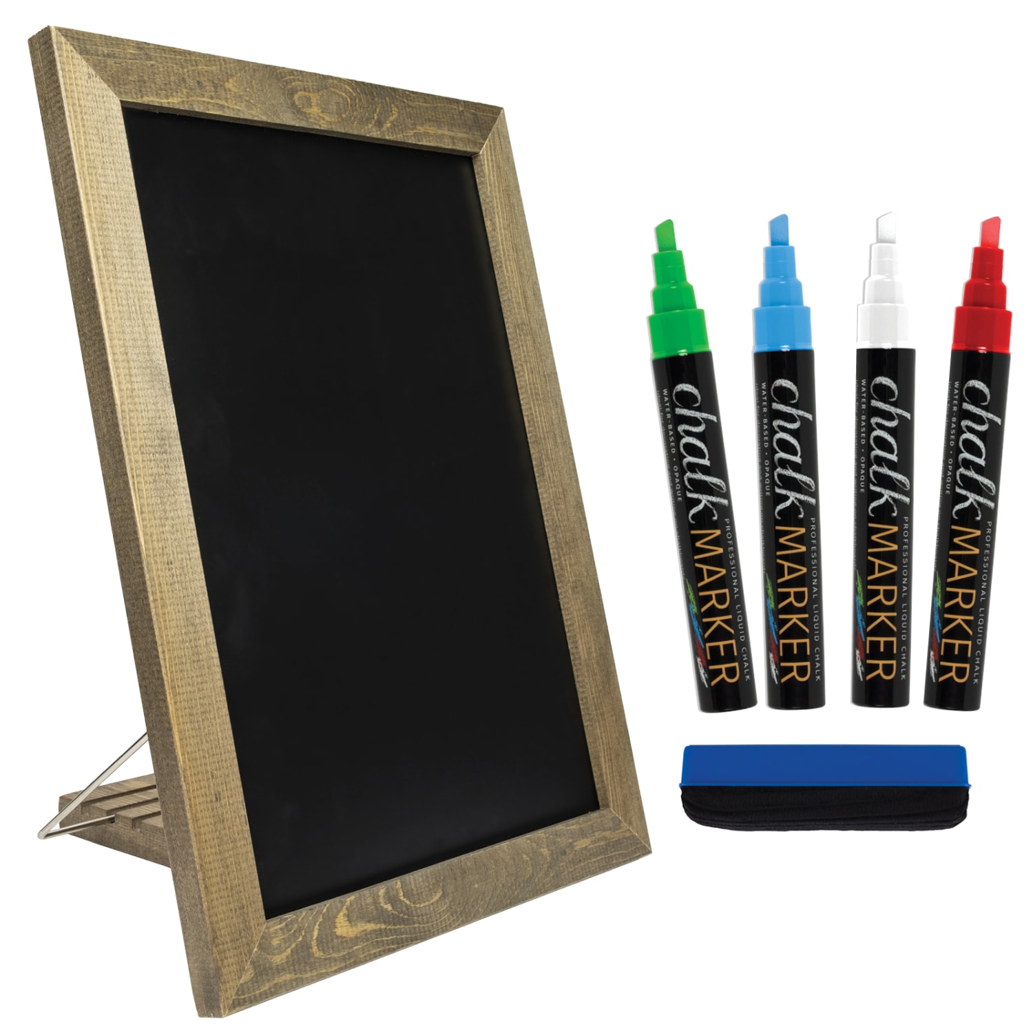 Excello Adjustable Tabletop Standing Magnetic Chalkboard Sign With 4 Chalk Markers, 11in x 15in, Black, Brown Wood Frame