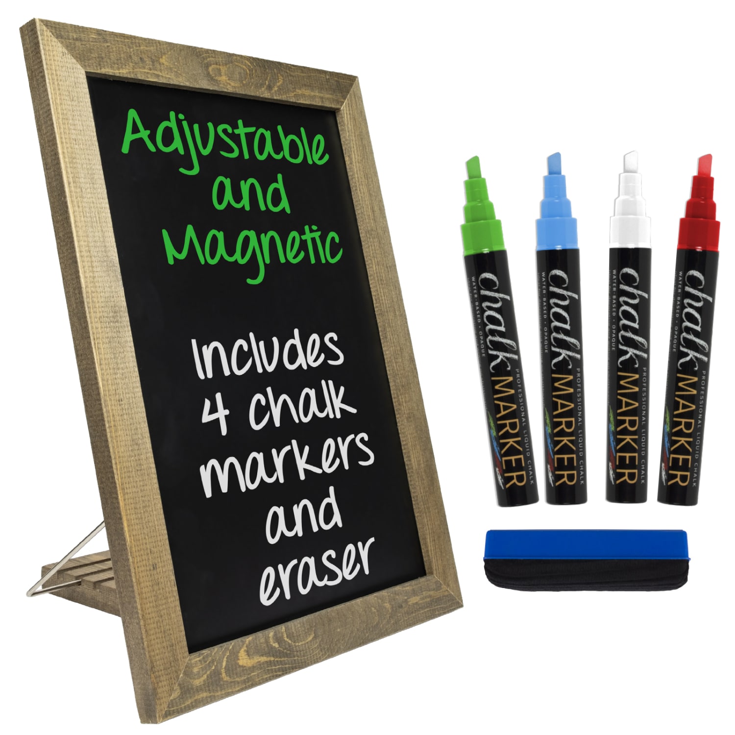 Excello Adjustable Tabletop Standing Magnetic Chalkboard Sign With 4 Chalk Markers, 11in x 15in, Black, Brown Wood Frame - Image 3