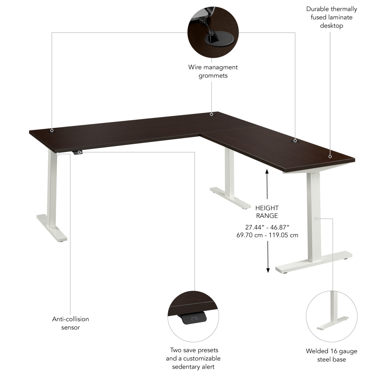 Bush Business Furniture Move 60 Series 72inW Height Adjustable L Shaped Standing Desk, Mocha Cherry/White Powder Coat, Standard Delivery - Image 4