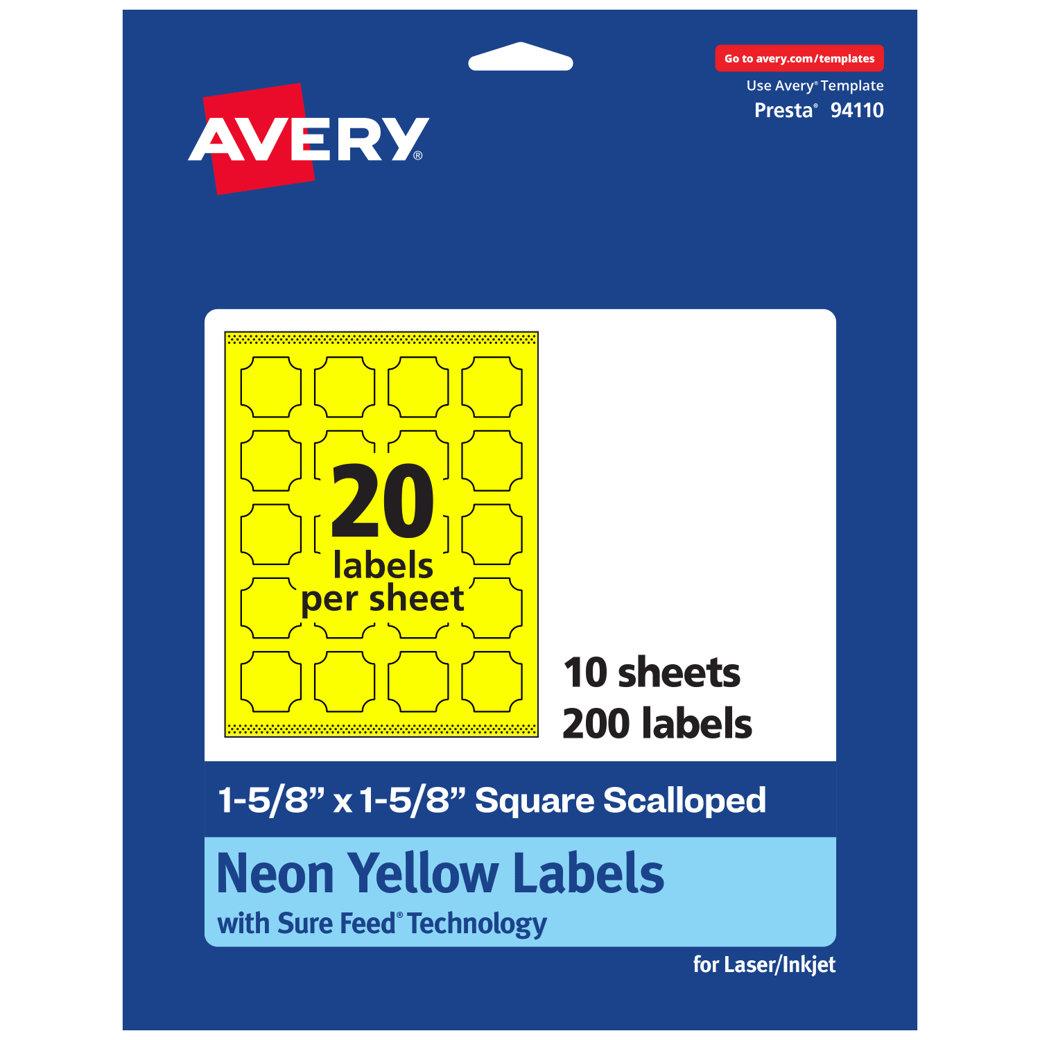 Avery Print-To-The-Edge Labels With Sure Feed Technology, 94110-NYP10, Square Scalloped, 1-5/8in x 1-5/8in, Matte Neon Yellow, Pack of 200