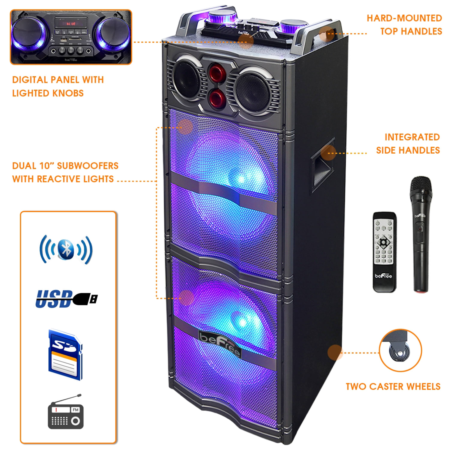 BeFree Sound Sound Double Subwoofer Portable Bluetooth Party Speaker With Reactive Lights, 99597501M - Image 4