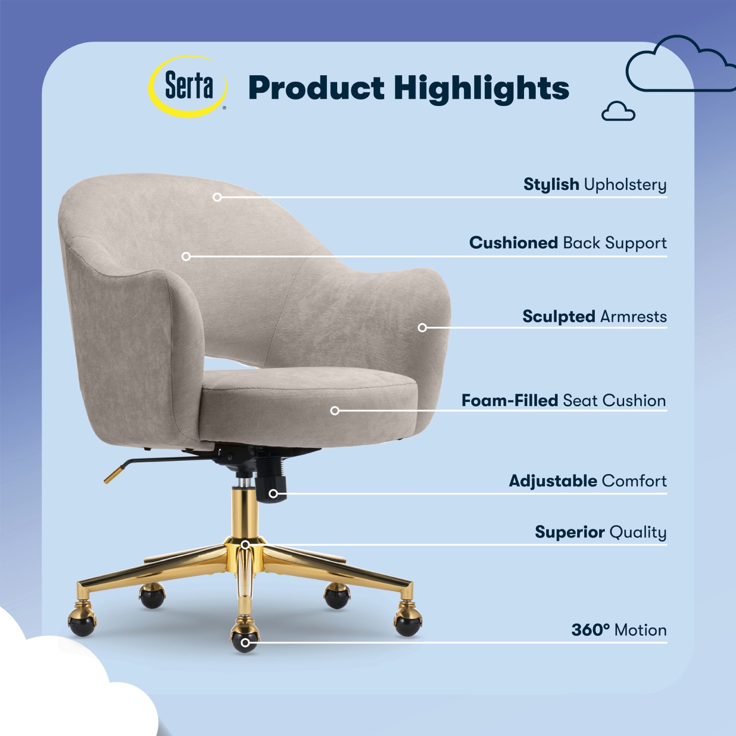 Serta Mia Ergonomic Fabric Mid-Back Home Office Chair, Beige - Image 5