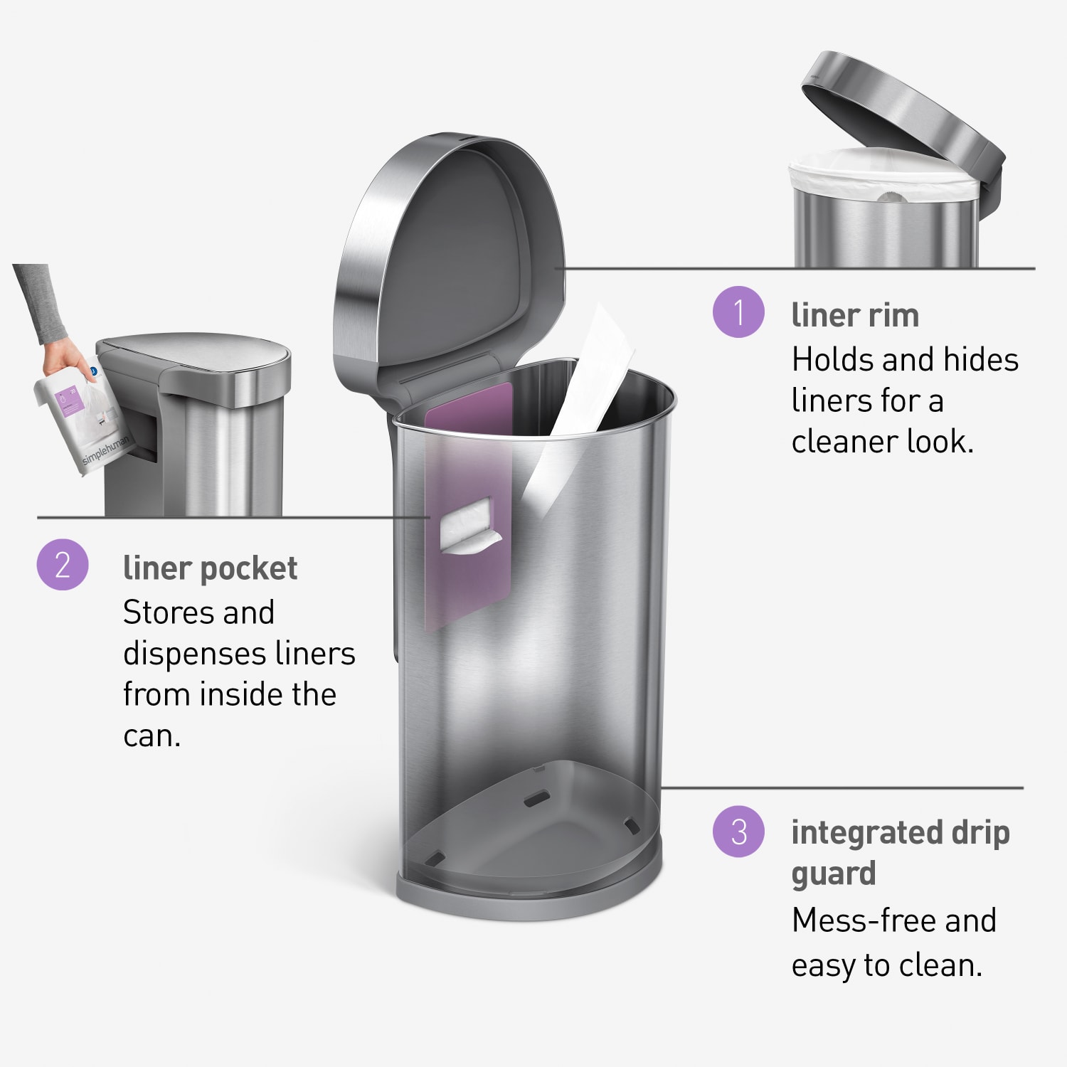 simplehuman Semi-Round Sensor Stainless Steel Trash Can With Liner Pocket, 12 Gallons, 25-1/4inH x 15-7/16inW x 12-13/16inD, Matte Black - Image 5