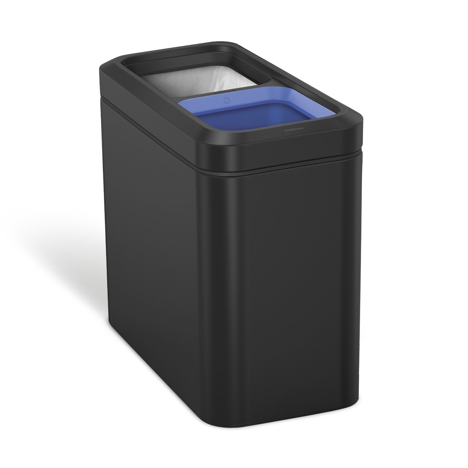 simplehuman Slim Open Top Mini Trash Can, 5.3 Gallons, Dual Compartment Recycler, 15.2inH x 8.7inW x 16.7inD, Rectangular, Matte Black Steel