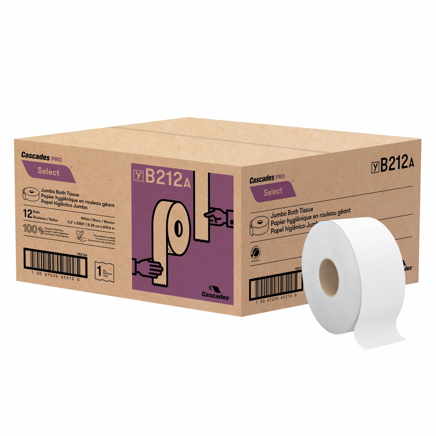 Cascades PRO Select Jumbo Roll 1-Ply Bathroom Tissue, 2000', 100% Recycled, White, Pack Of 12 Rolls - Image 4