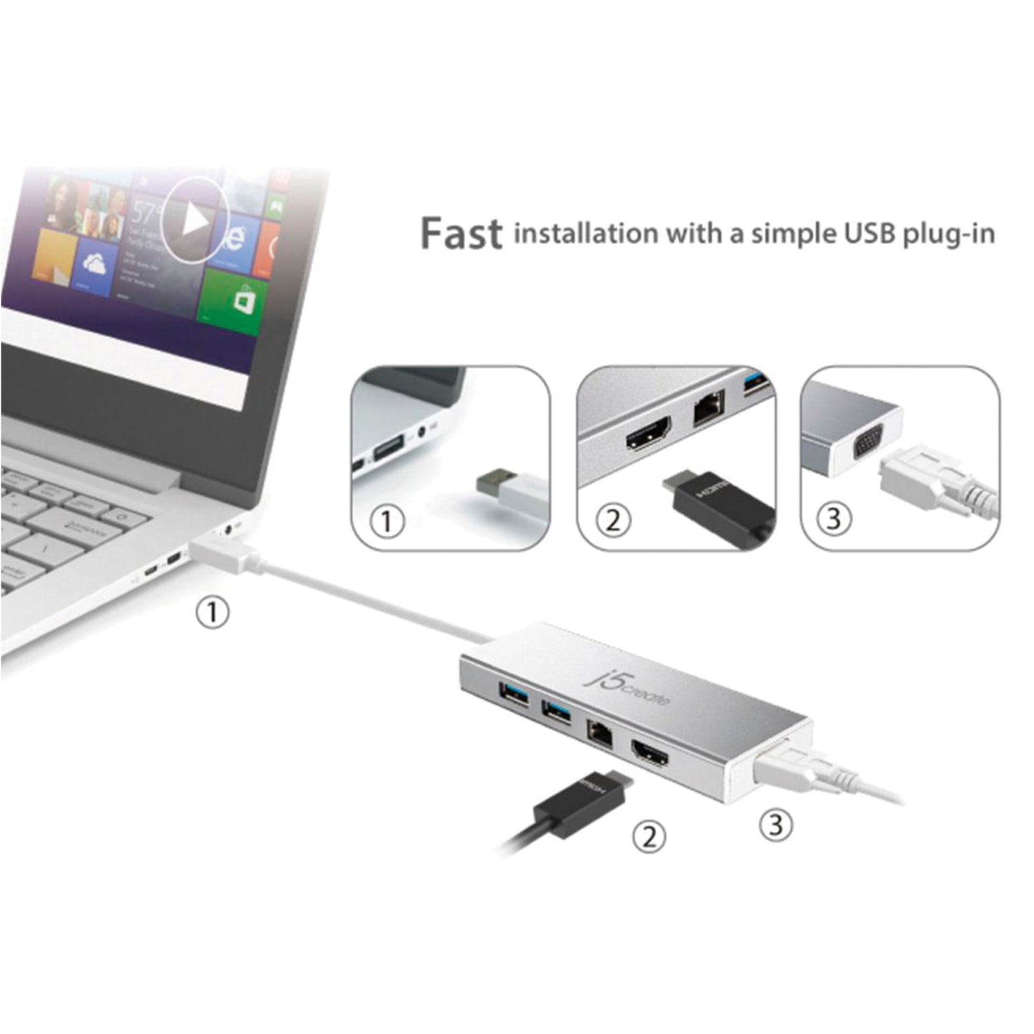 j5create USB 3.0 Mini Dock, Silver, JUD380 - Image 4