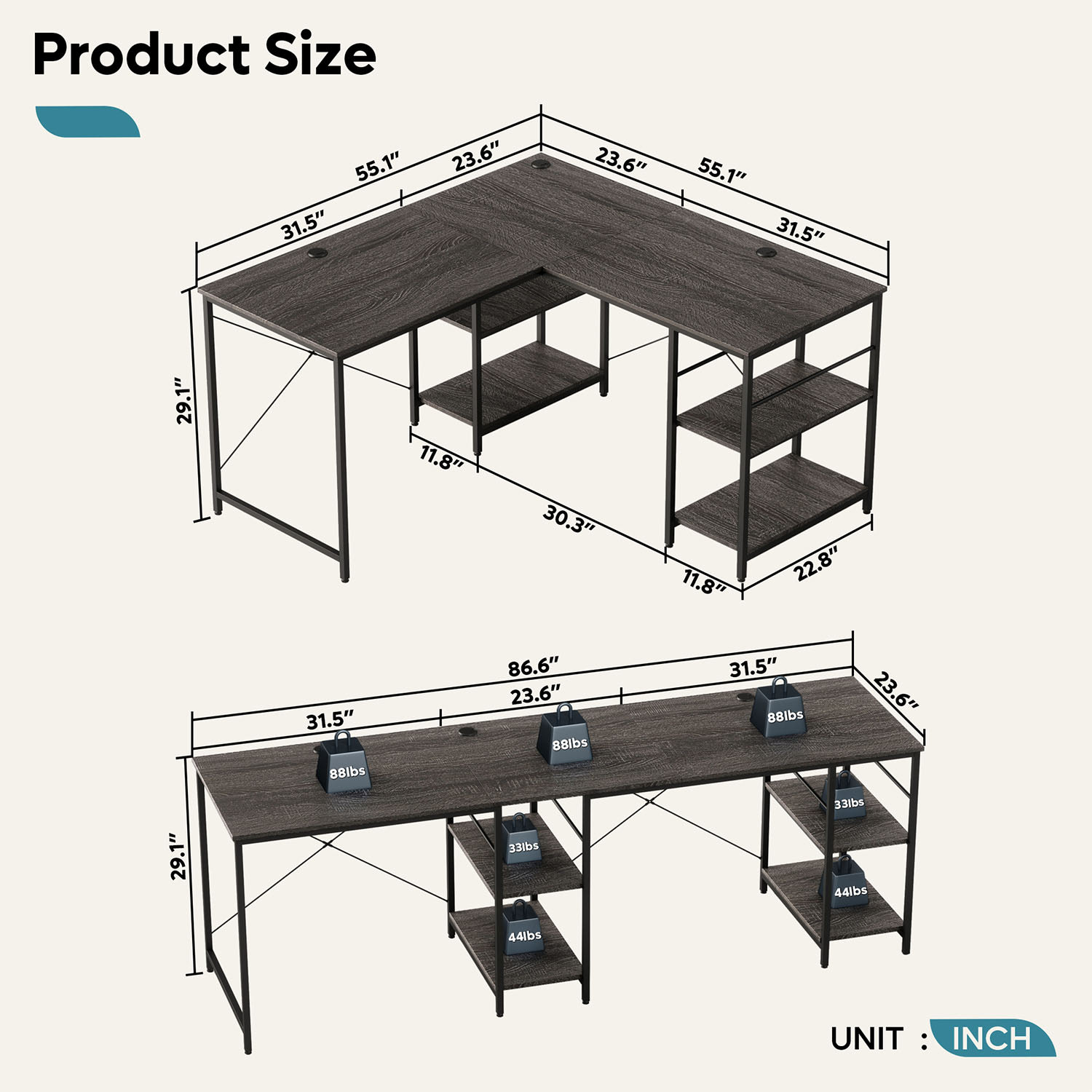 Bestier L-Shaped Corner Computer Desk With Storage Shelf, 3 Cable Holes, 56inW, Charcoal - Image 5