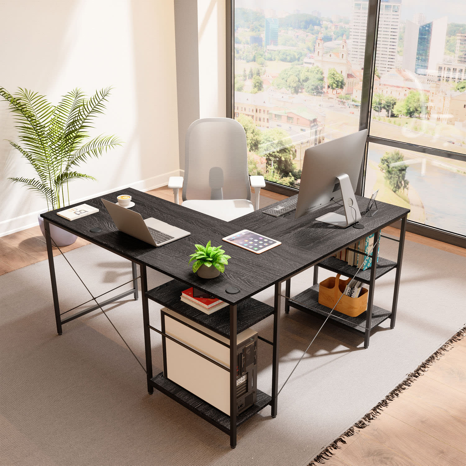 Bestier L-Shaped Corner Computer Desk With Storage Shelf, 3 Cable Holes, 56inW, Charcoal - Image 6
