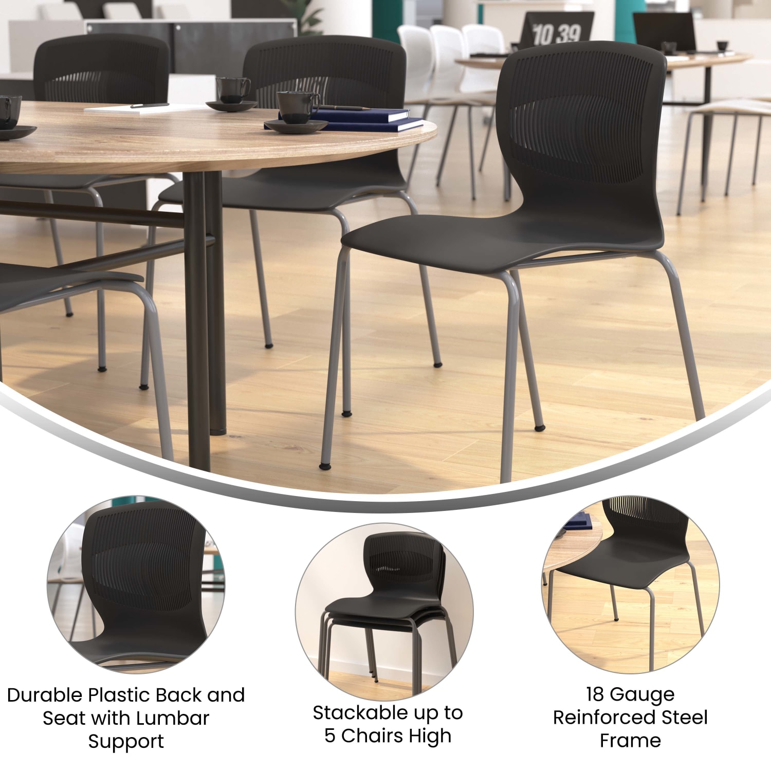 Flash Furniture HERCULES Series Commercial Grade 770-lb Capacity Ergonomic Stack Chair With Lumbar Support, Black/Silver - Image 5